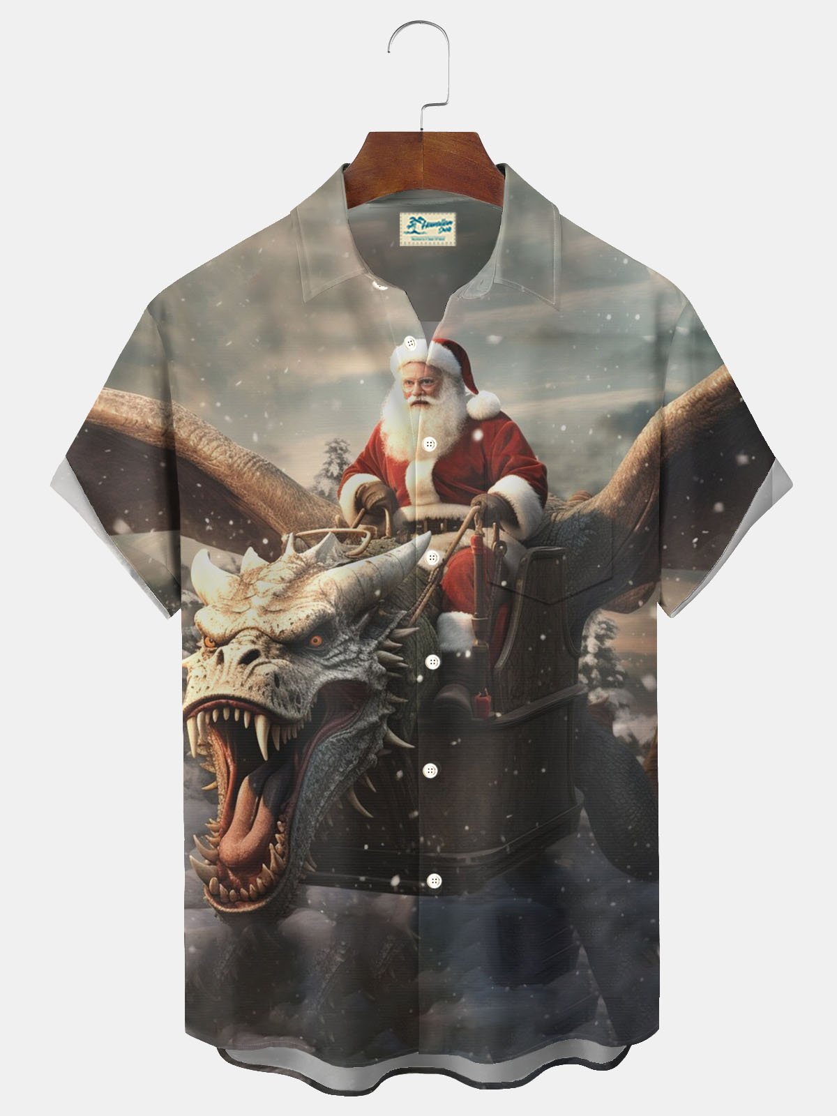 Royaura® Santa Claus Dragon Print Men's Button Pocket Short Sleeve Shirt Big & Tall