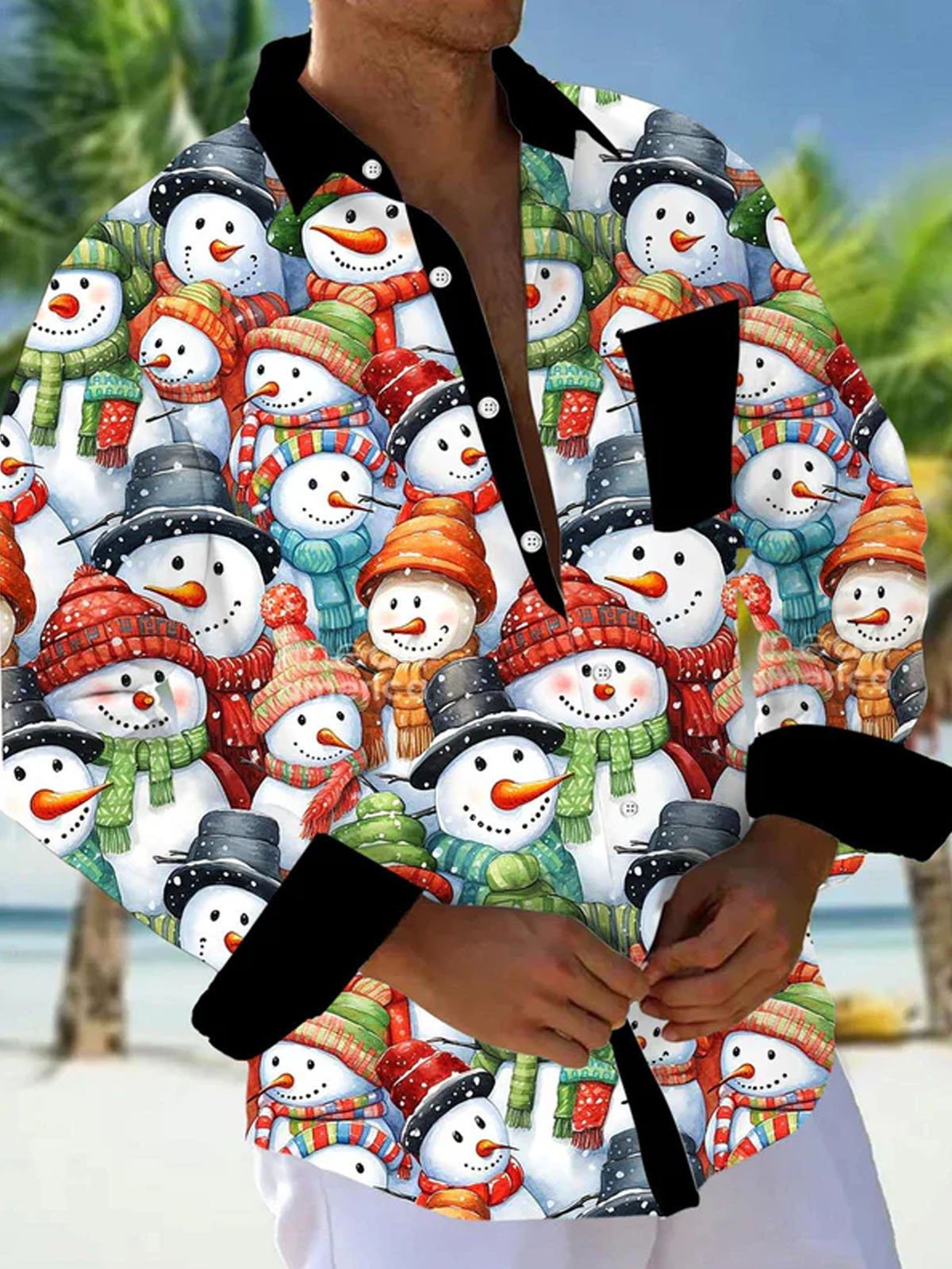 Royaura® Christmas Snowman Print Men's Button Pocket Long Sleeve Shirt Big & Tall