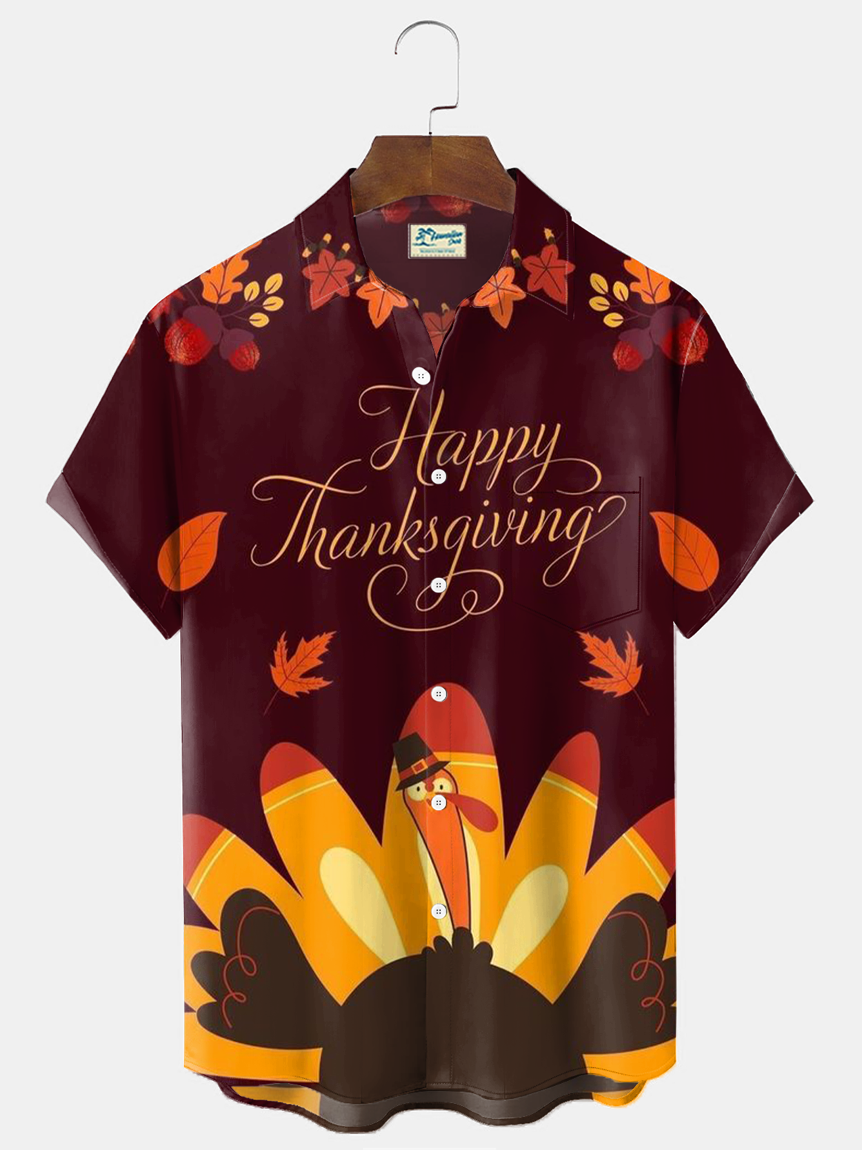 Royaura® Thanksgiving Turkey Print Men's Holiday Chest Pocket Stretch Short Sleeve Shirt Big & Tall