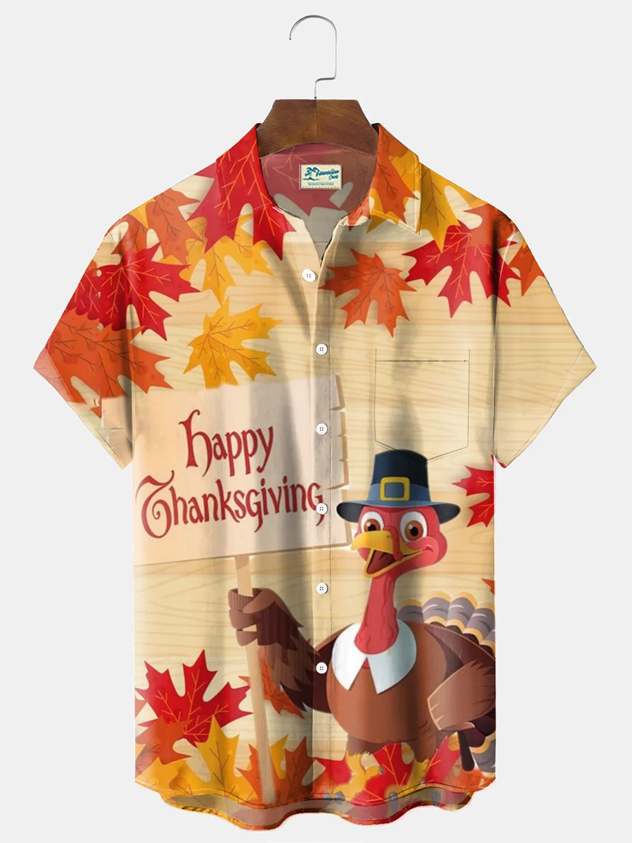 Royaura® Thanksgiving Turkey Print Men's Holiday Chest Pocket Stretch Short Sleeve Shirt Big & Tall