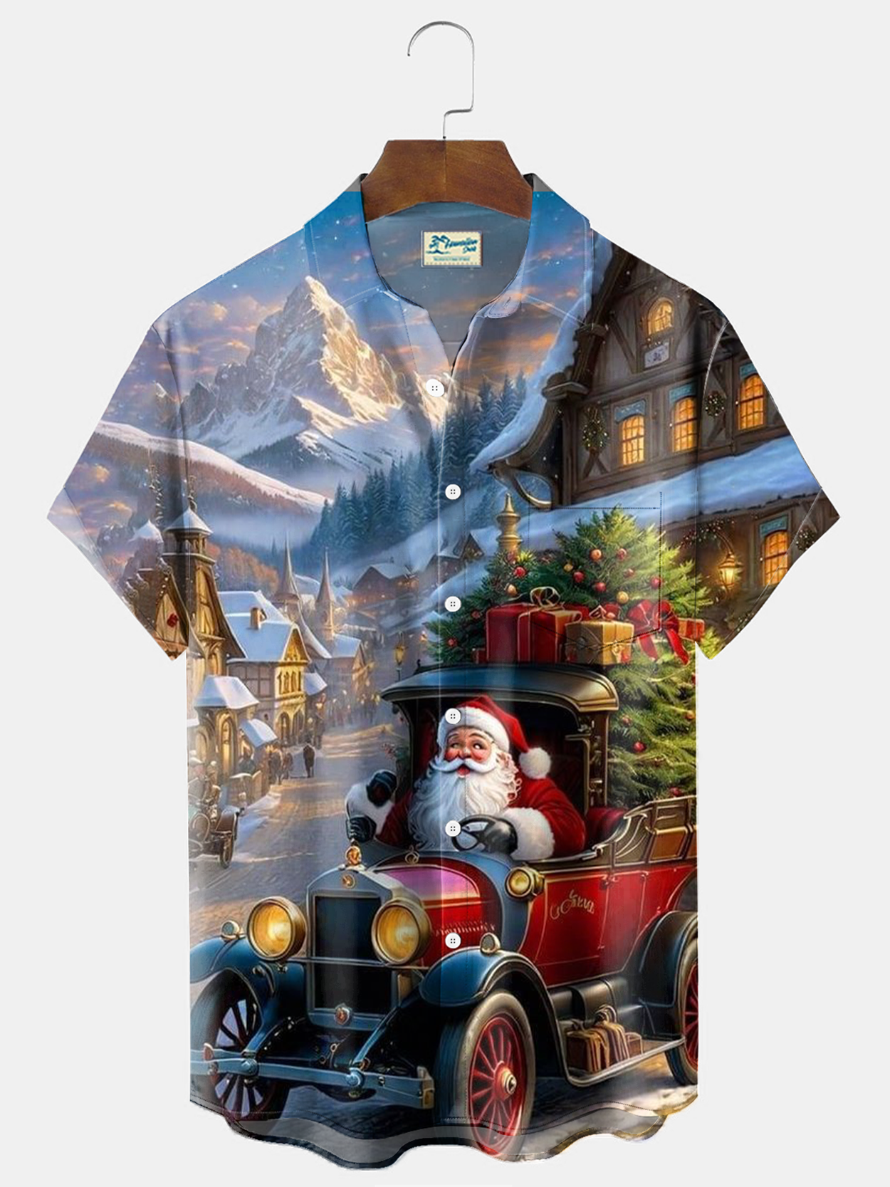 Royaura® Christmas Santa Claus Car Print Men's Holiday Chest Pocket Stretch Short Sleeve Shirt Big & Tall