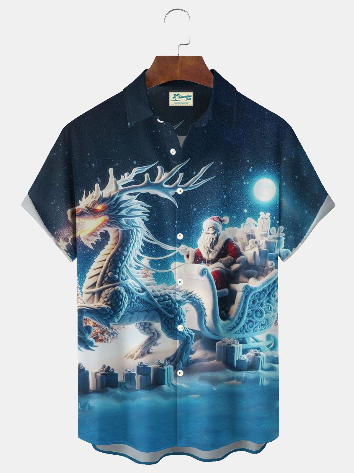 Royaura® Christmas Dragon Print Men's Button Pocket Short Sleeve Shirt Big & Tall