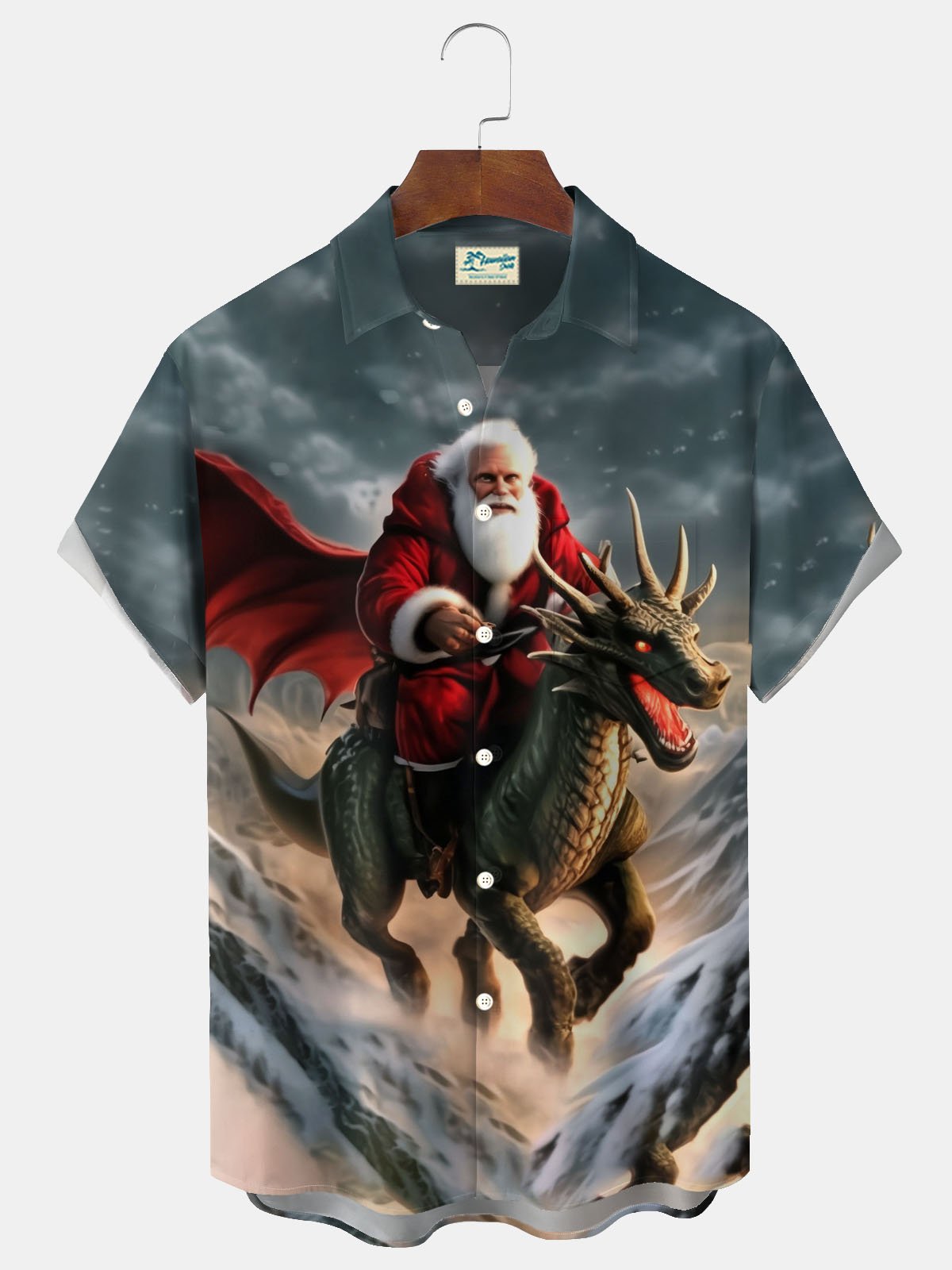 Royaura® Santa Claus Dragon Print Men's Button Pocket Short Sleeve Shirt Big & Tall