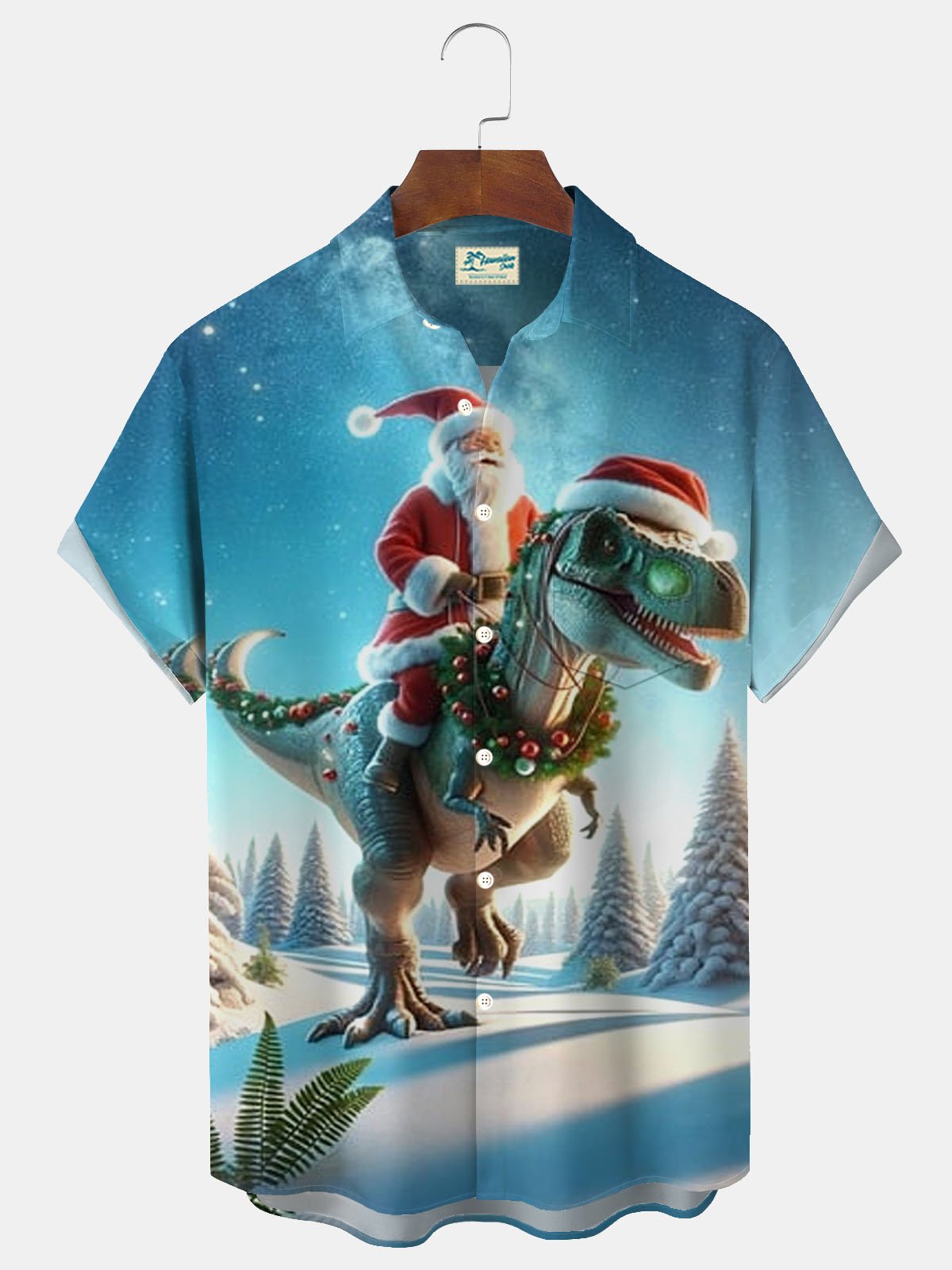 Royaura® Santa Dinosaur Print Men's Button Pocket Short Sleeve Shirt Big & Tall