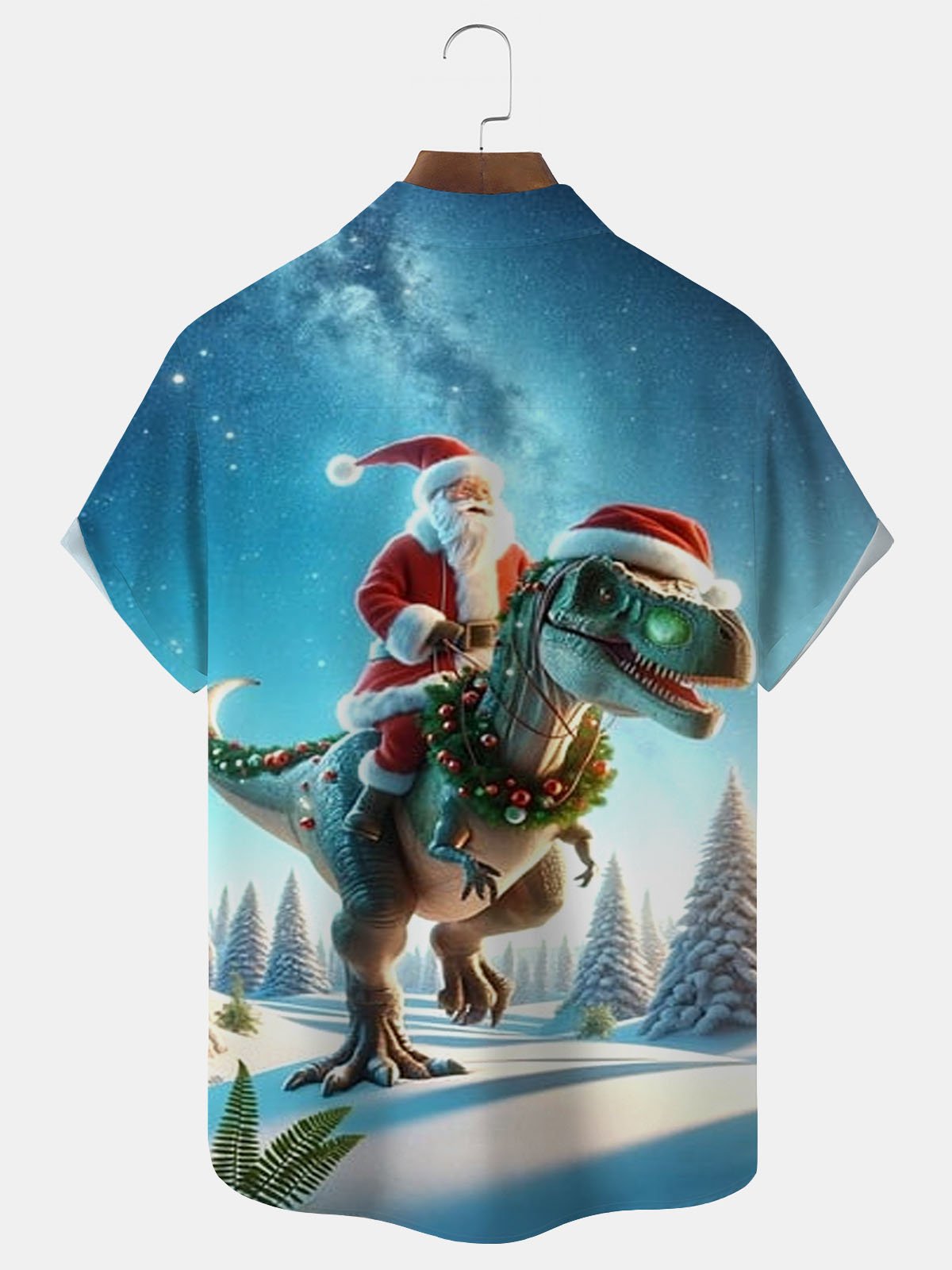 Royaura® Santa Dinosaur Print Men's Button Pocket Short Sleeve Shirt Big & Tall