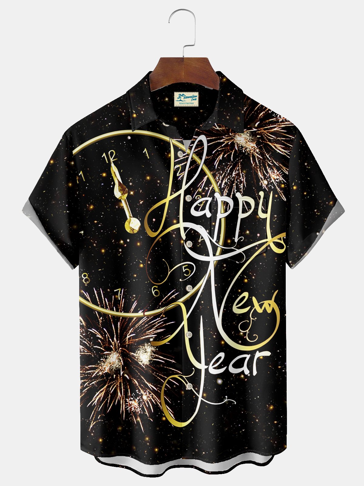 Royaura® Happy New Year Black Gold Fireworks Print Men's Chest Pocket Stretch Hawaiian Shirt Big Tall