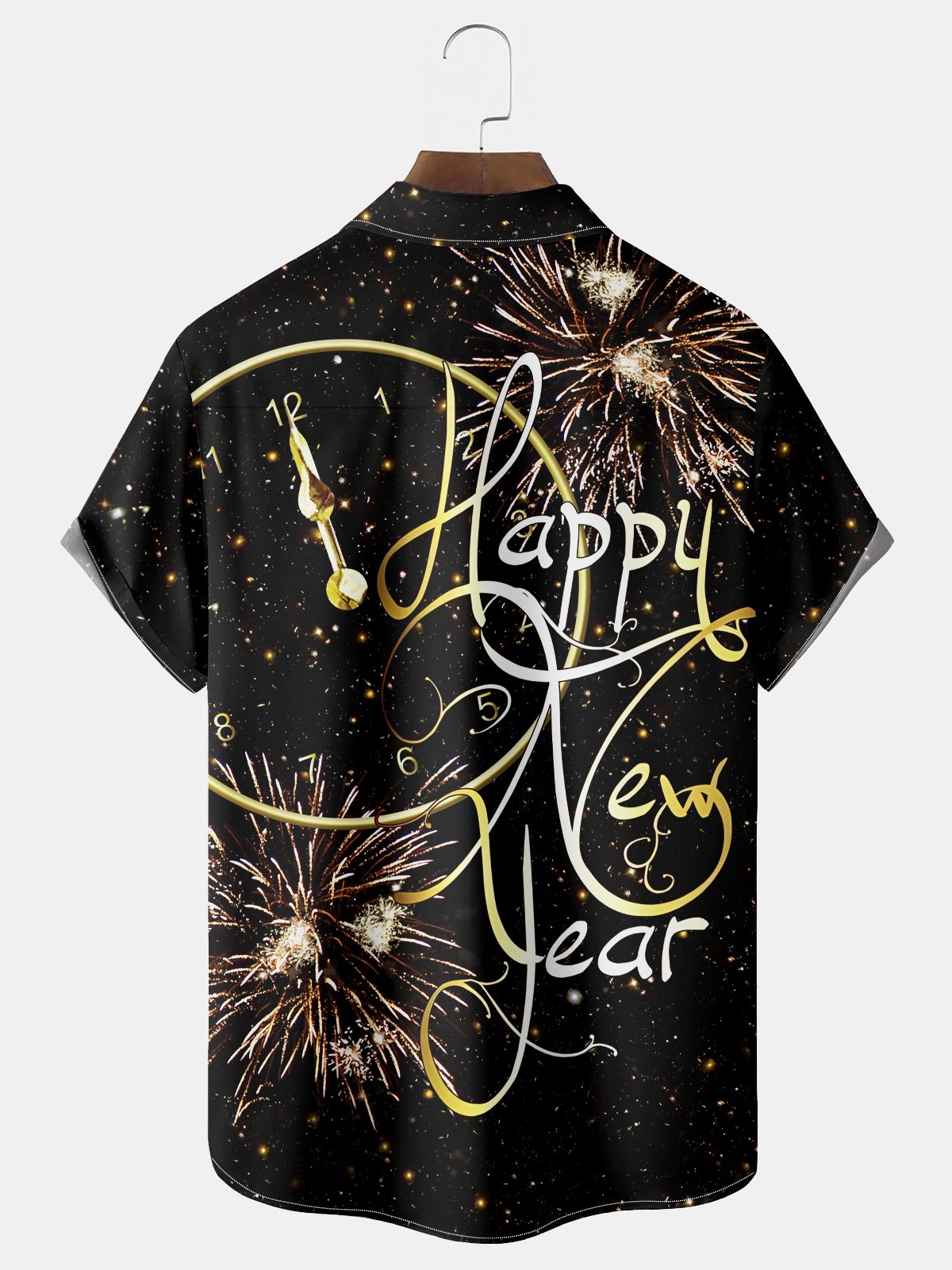 Royaura® Happy New Year Black Gold Fireworks Print Men's Chest Pocket Stretch Hawaiian Shirt Big Tall