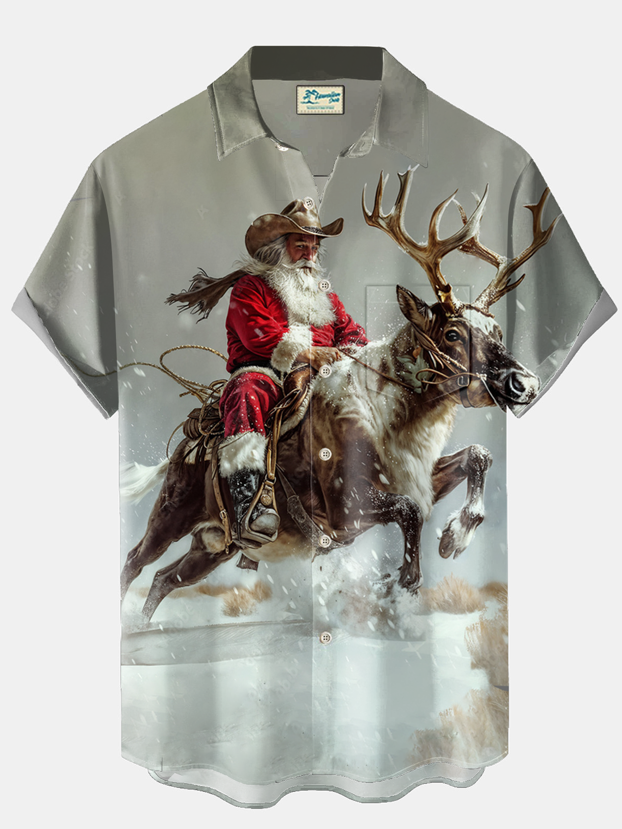 Royaura® Christmas Santa Claus Elk Print Men's Holiday Chest Pocket Stretch Short Sleeve Shirt Big & Tall