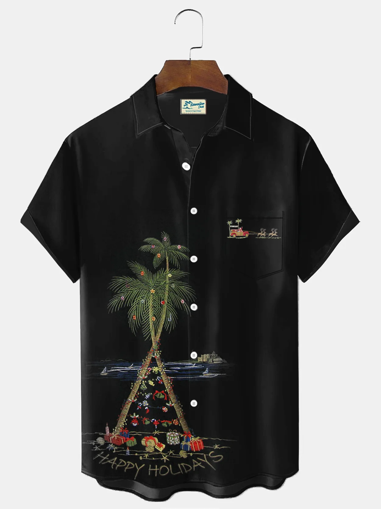 Royaura® Christmas Palm Tree Print Men's Holiday Chest Pocket Stretch Short Sleeve Shirt Big & Tall