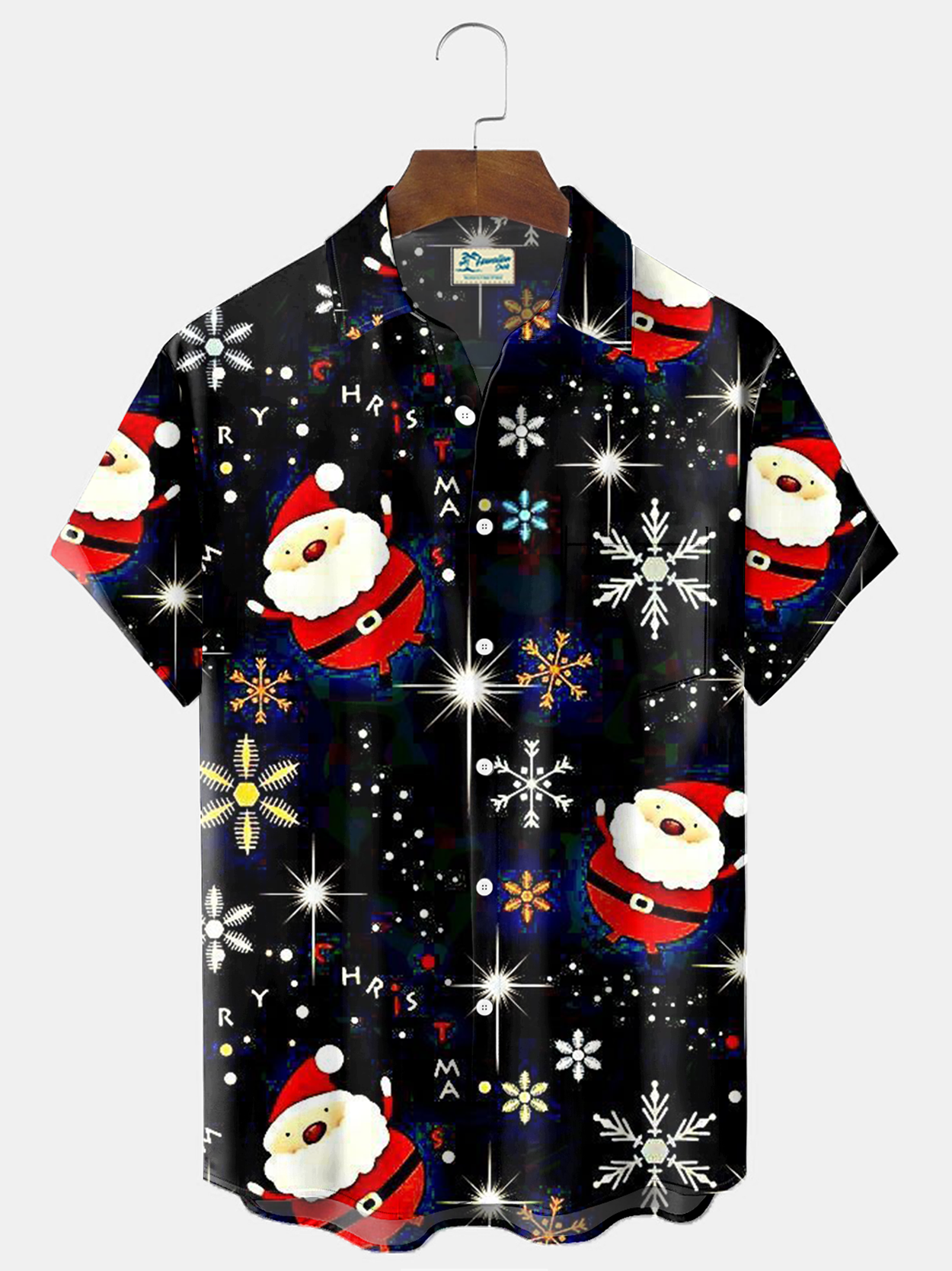 Royaura® Christmas Santa Claus Print Men's Holiday Chest Pocket Stretch Short Sleeve Shirt Big & Tall