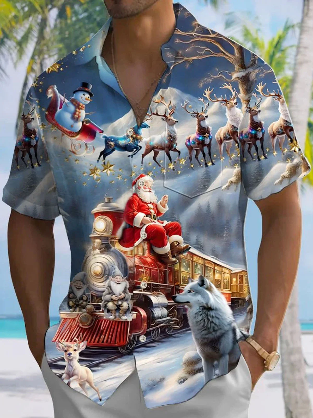 Royaura® Christmas Santa 3D Digital Print Men's Button Pocket Short Sleeve Shirt Big & Tall