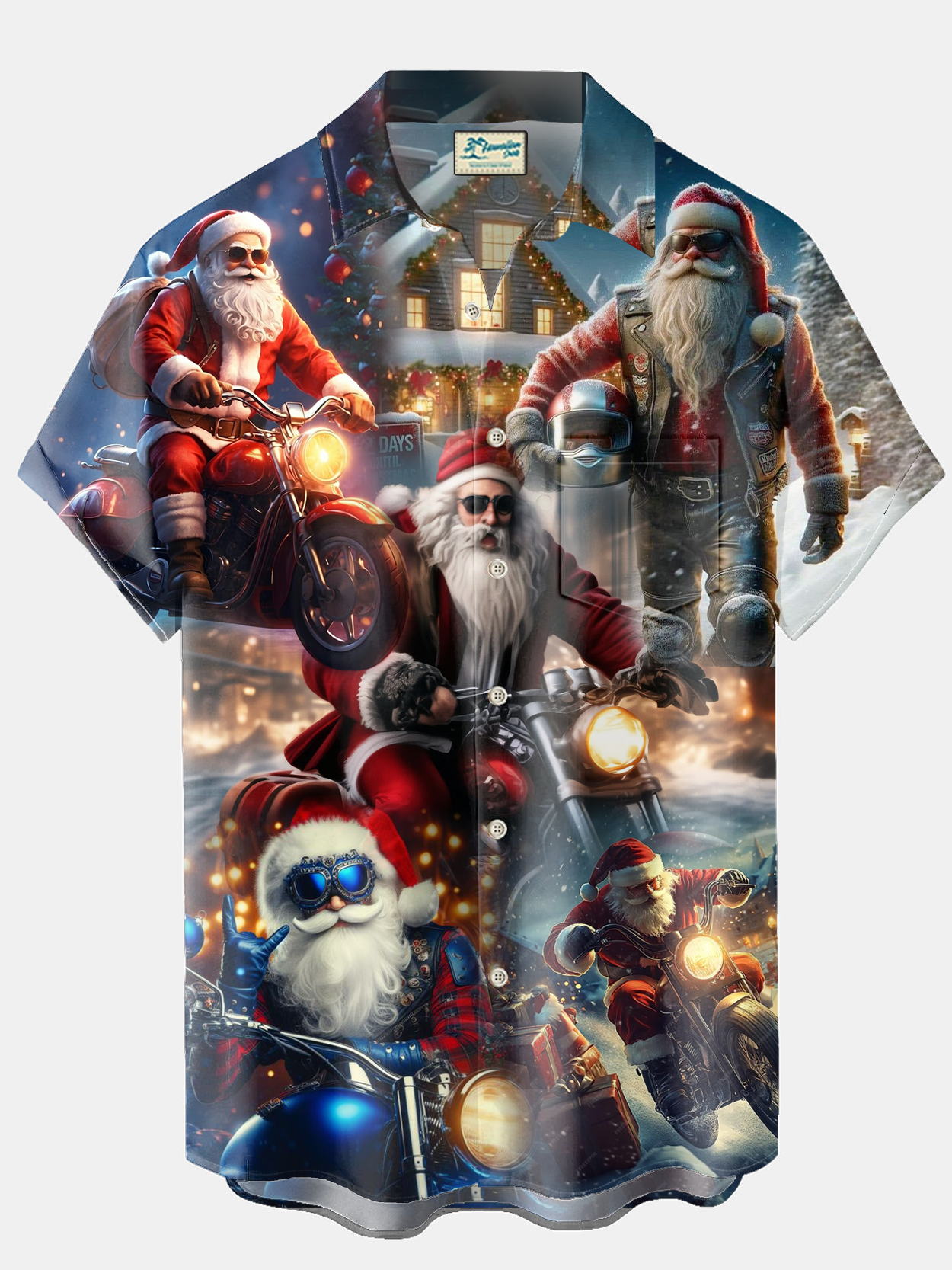 Royaura® Christmas Punk Santa Claus Motorcycles Print Men's Holiday Chest Pocket Stretch Short Sleeve Shirt Big & Tall