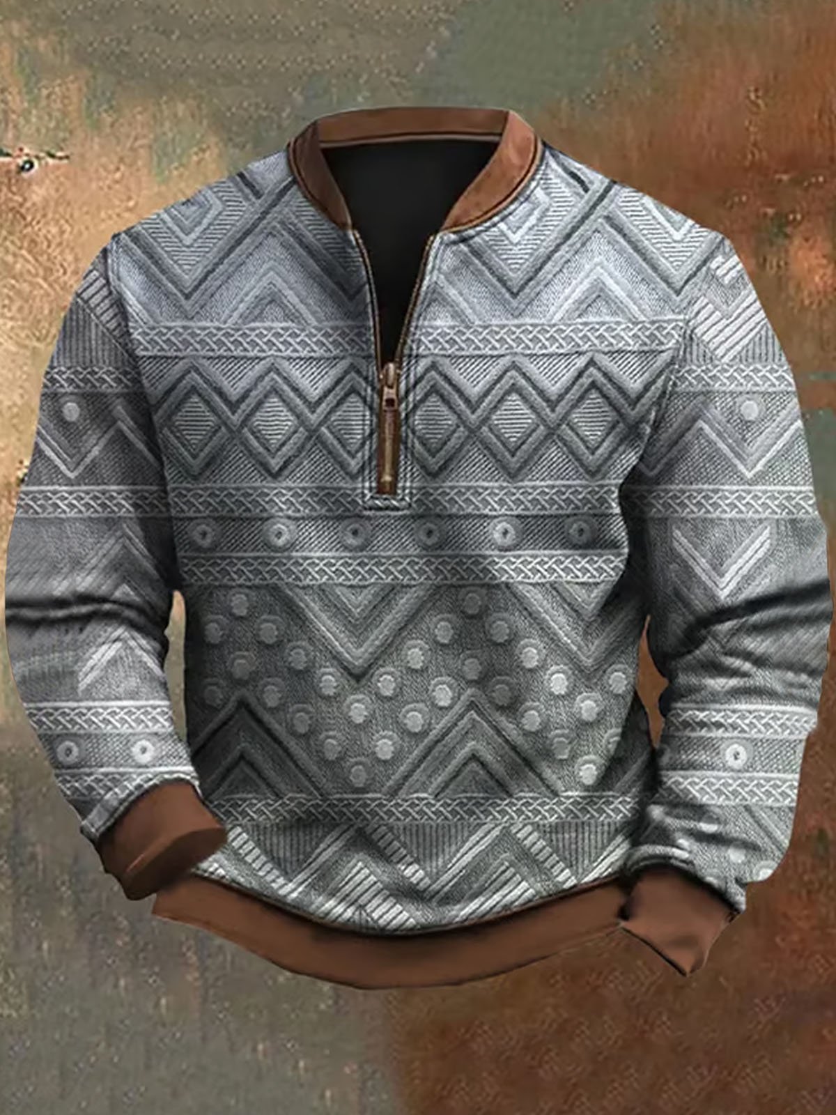 Royaura® Men's Retro Geometric Print Zipper Long Sleeve Sweatshirt Big & Tall