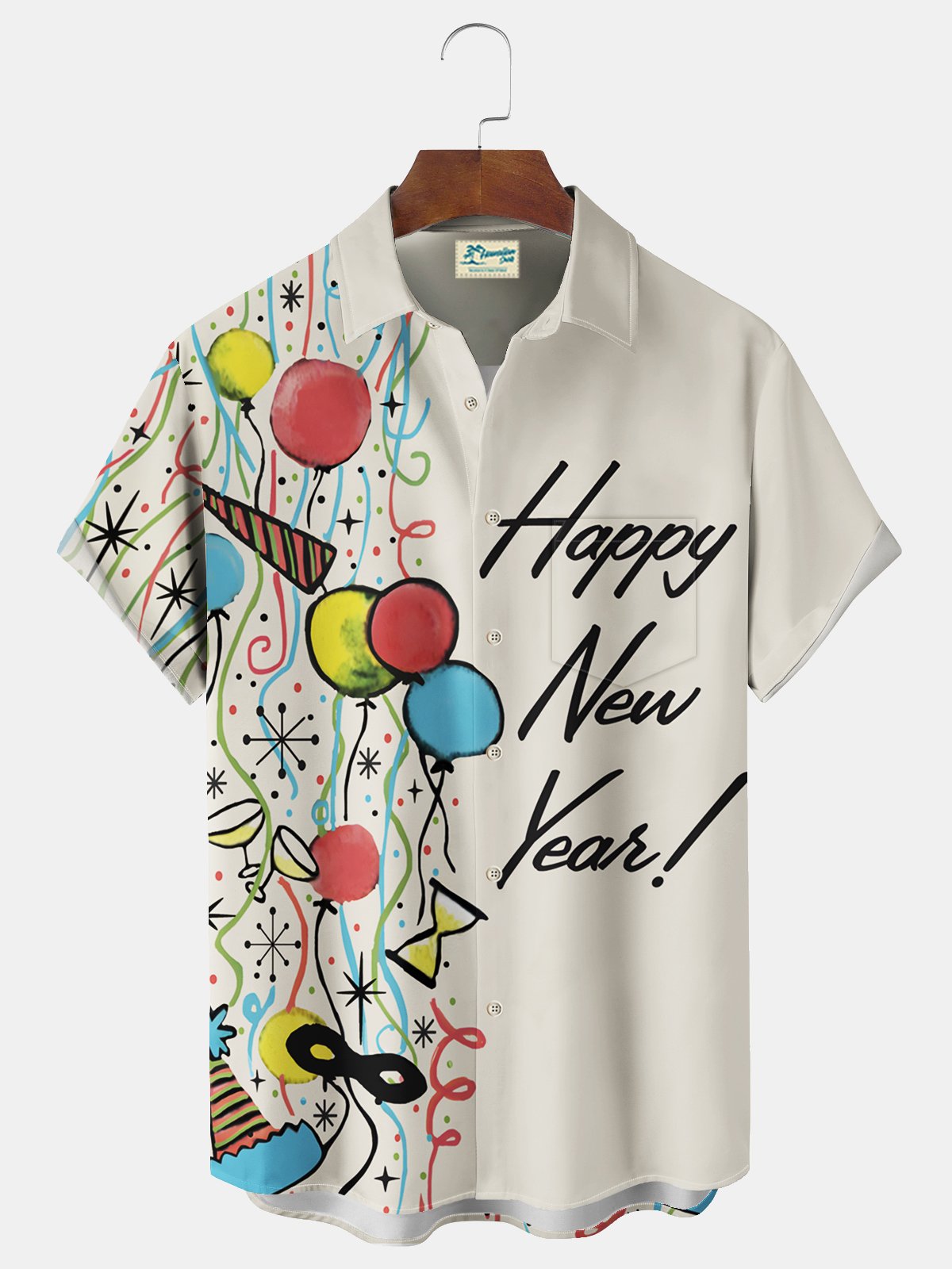 Royaura® Happy New Year Retro Cartoon Print Men's Chest Pocket Stretch Hawaiian Shirt Big Tall