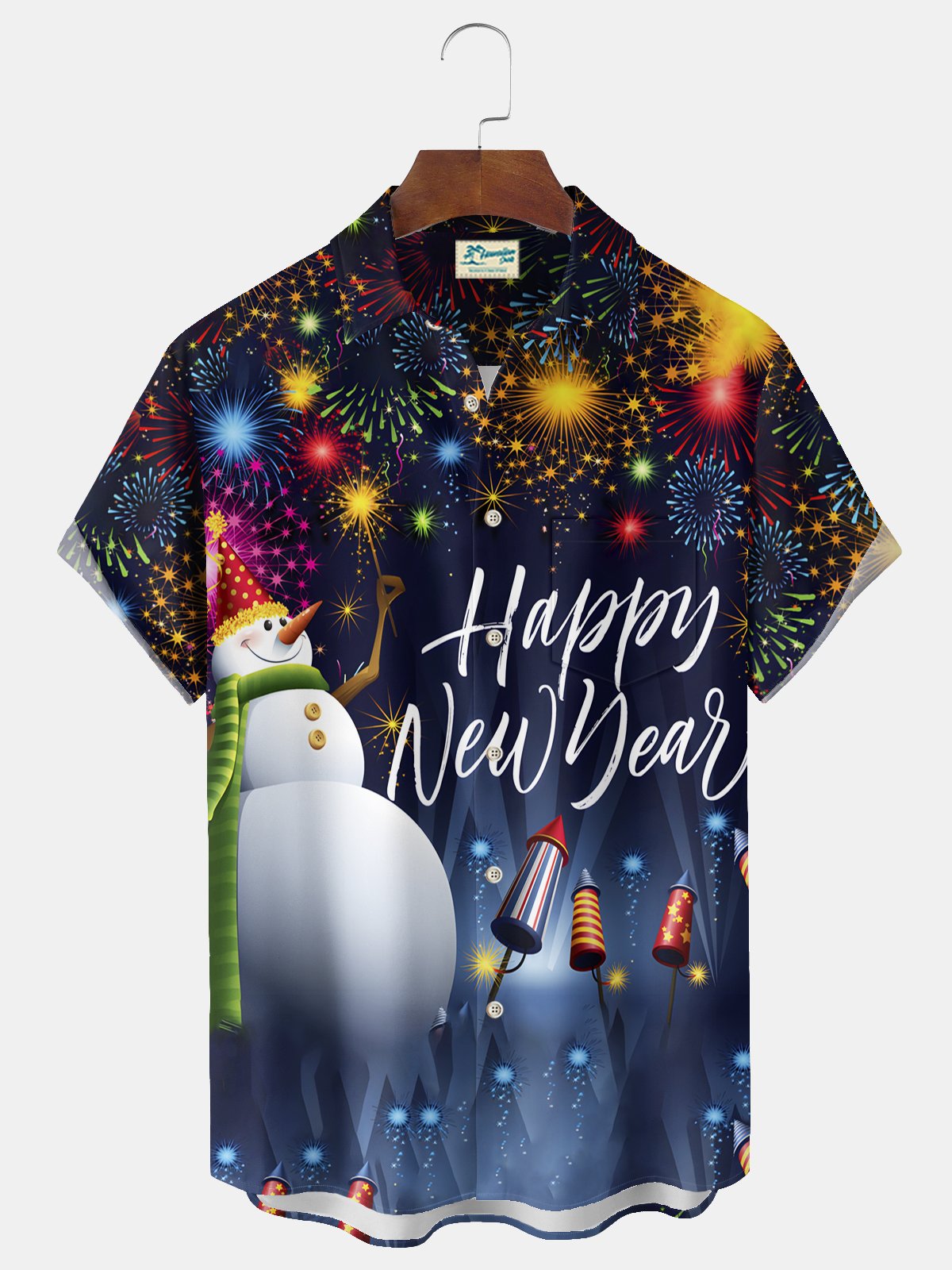 Royaura® Happy New Year Fireworks Snowman Print Men's Chest Pocket Stretch Hawaiian Shirt Big Tall