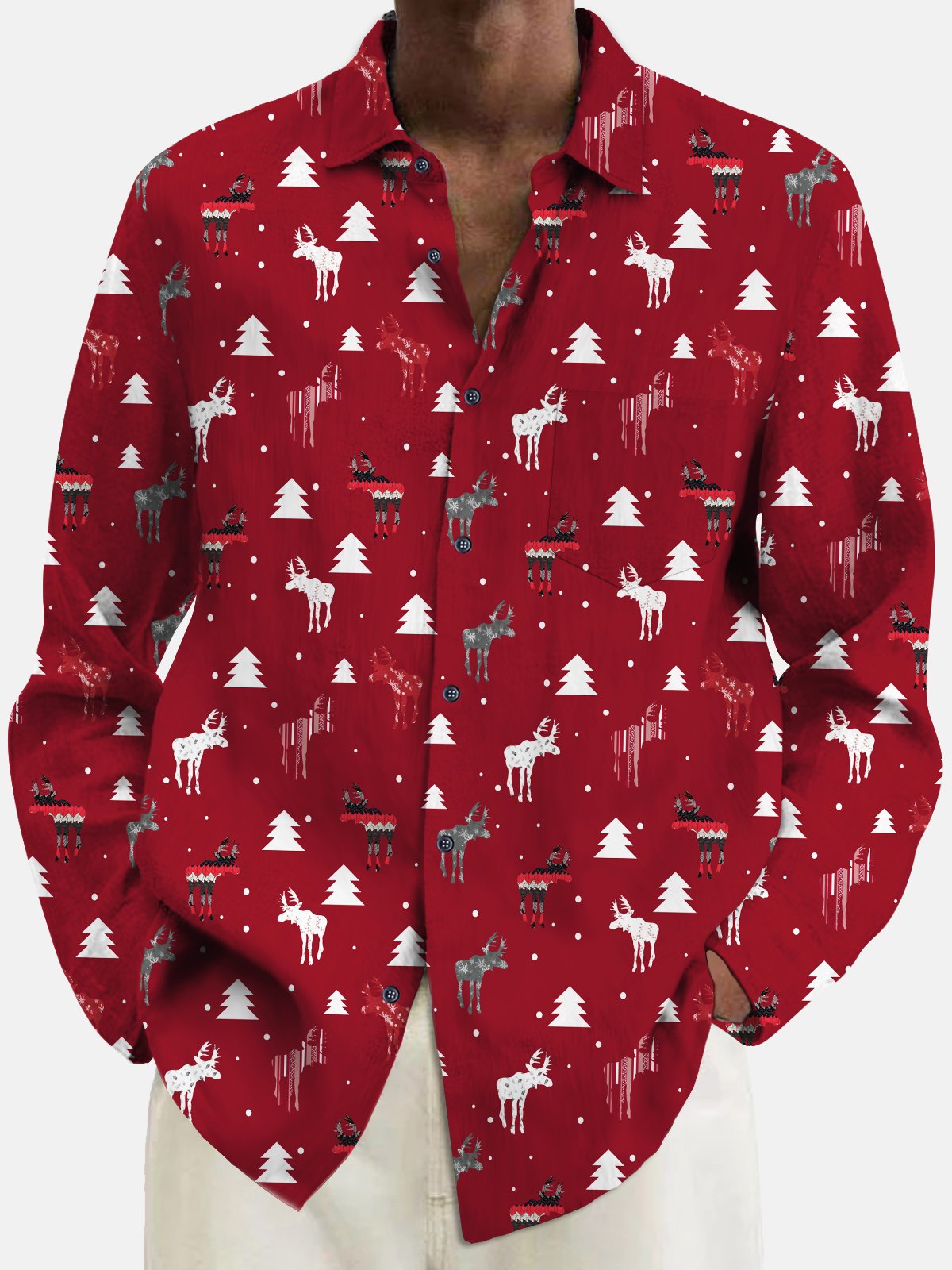 Royaura® Christmas Men's Elk Christmas Tree Print Chest Pocket Stretch Long Sleeve Shirt Big Tall