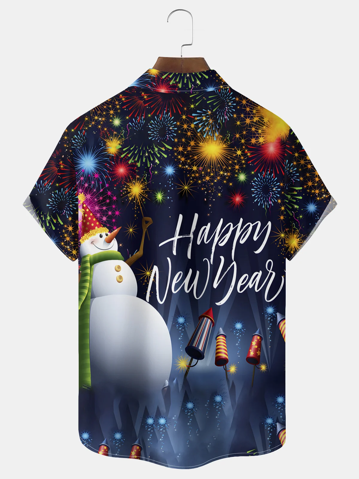 Royaura® Happy New Year Fireworks Snowman Print Men's Chest Pocket Stretch Hawaiian Shirt Big Tall