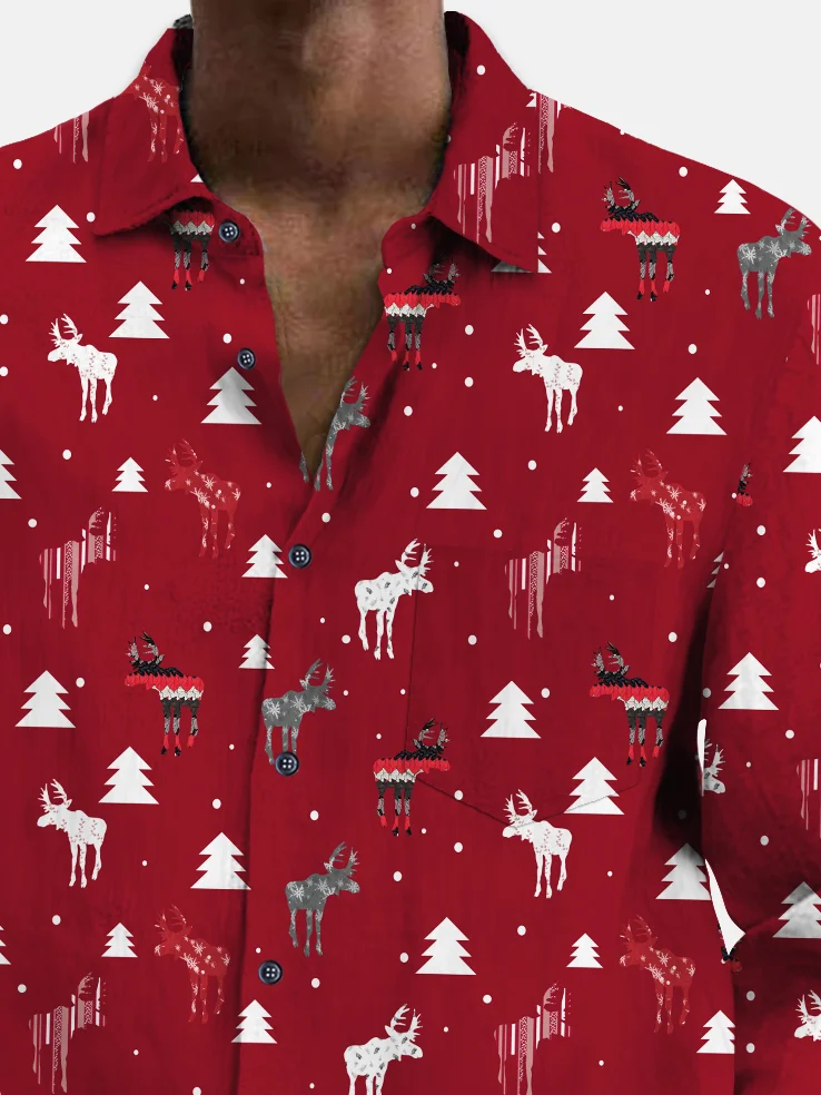 Royaura® Christmas Men's Elk Christmas Tree Print Chest Pocket Stretch Long Sleeve Shirt Big Tall