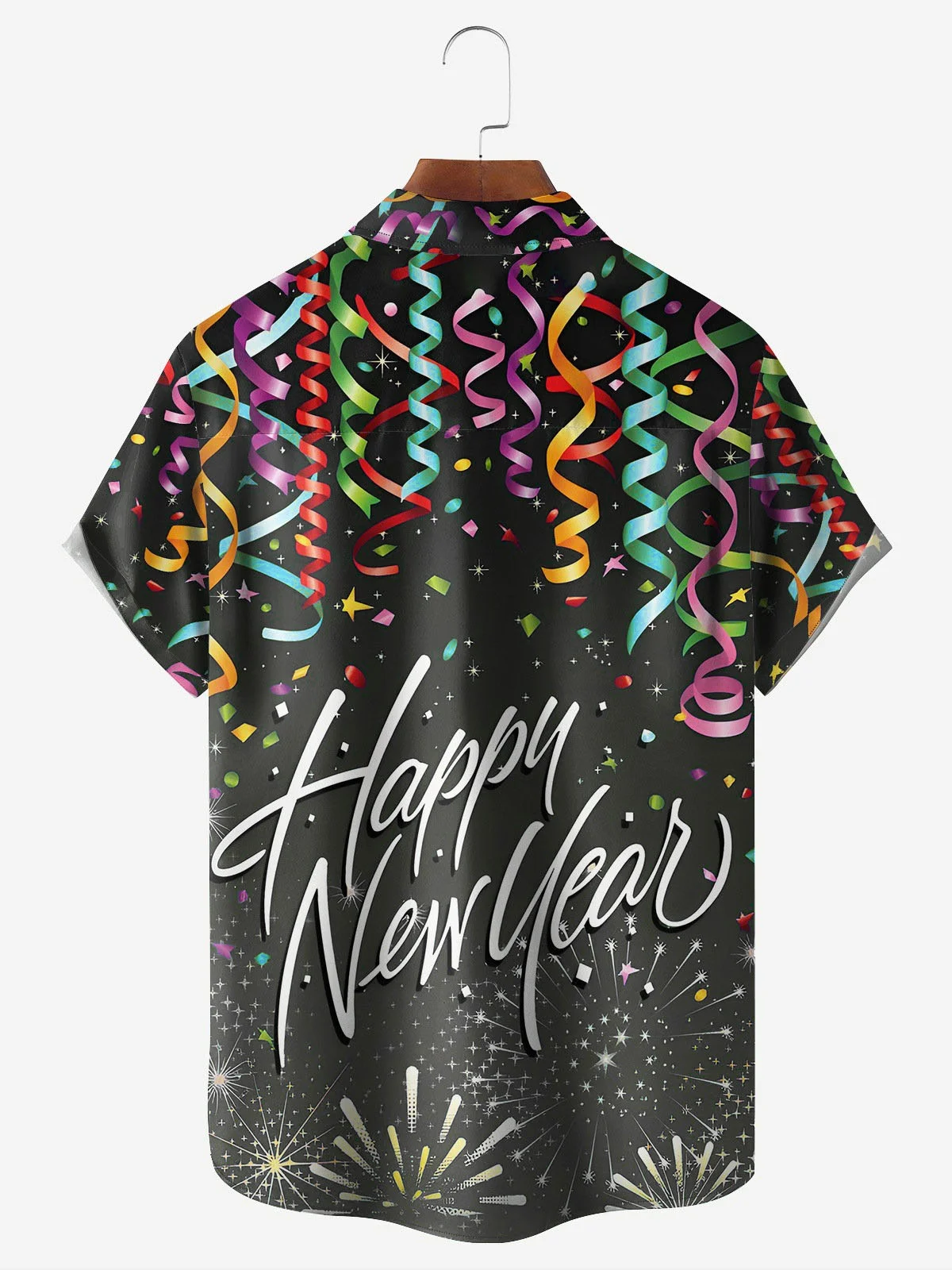 Royaura® Happy New Year Fireworks Print Men's Button Pocket Short Sleeve Shirt Big & Tall