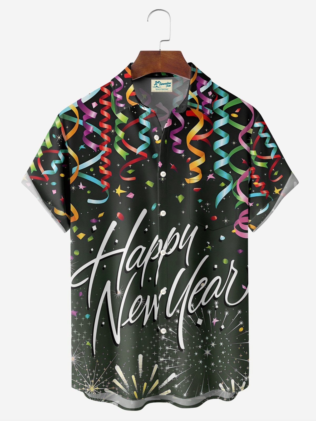 Royaura® Happy New Year Fireworks Print Men's Button Pocket Short Sleeve Shirt Big & Tall