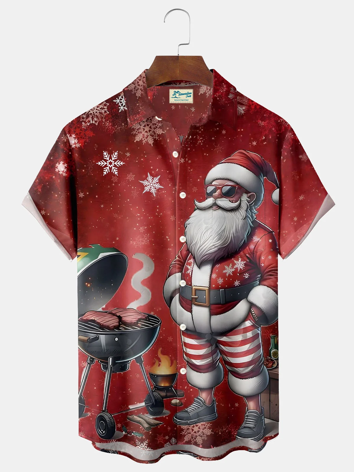 Royaura® Christmas BBQ Print Men's Button Pocket Short Sleeve Shirt Big & Tall