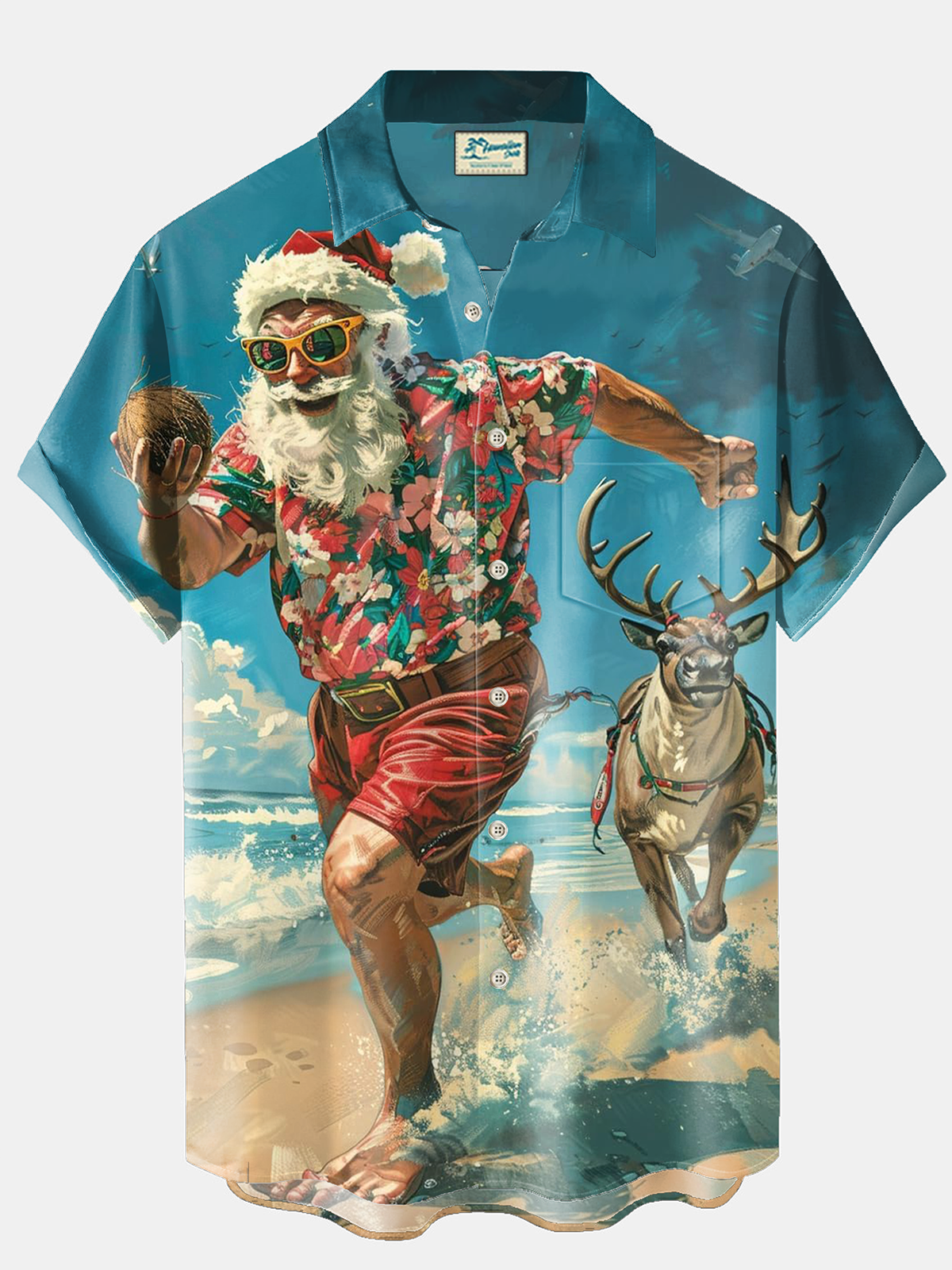 Royaura® Christmas Santa Claus Elk Print Men's Holiday Chest Pocket Stretch Short Sleeve Shirt Big & Tall