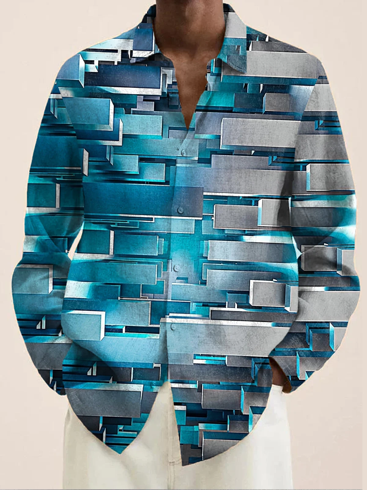 Royaura® Vintage Mid-Century Geometry Print Men's Chest Pocket Stretch Long Sleeve Shirt Big & Tall