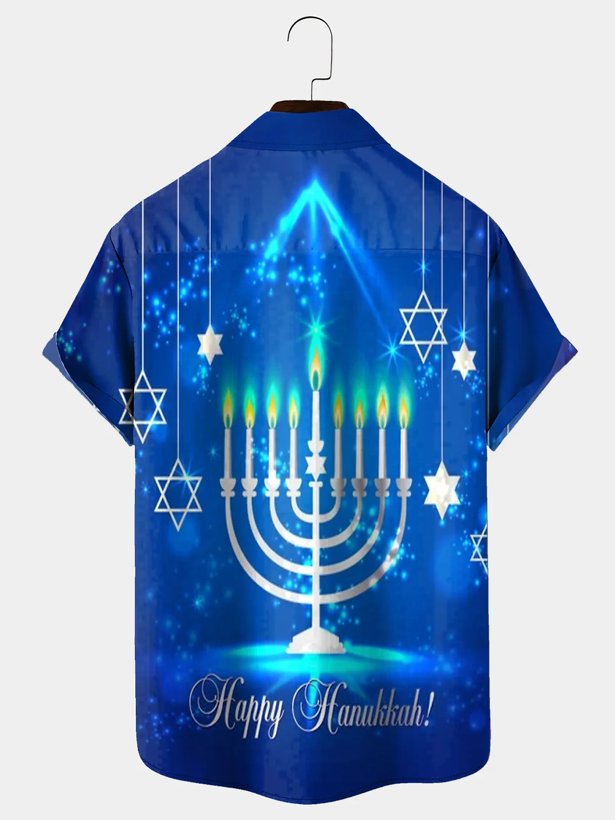 Royaura® Hanukkah Menorah 9 Candle Holder Print Men's Holiday Chest Pocket Stretch Short Sleeve Shirt Big & Tall