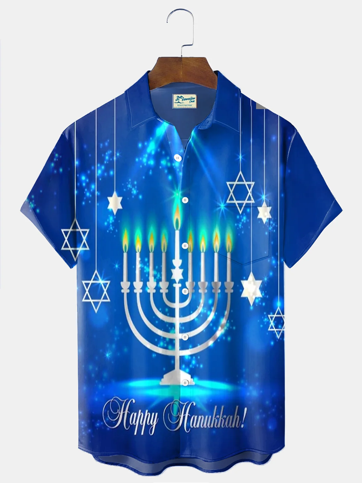 Royaura® Hanukkah Menorah 9 Candle Holder Print Men's Holiday Chest Pocket Stretch Short Sleeve Shirt Big & Tall