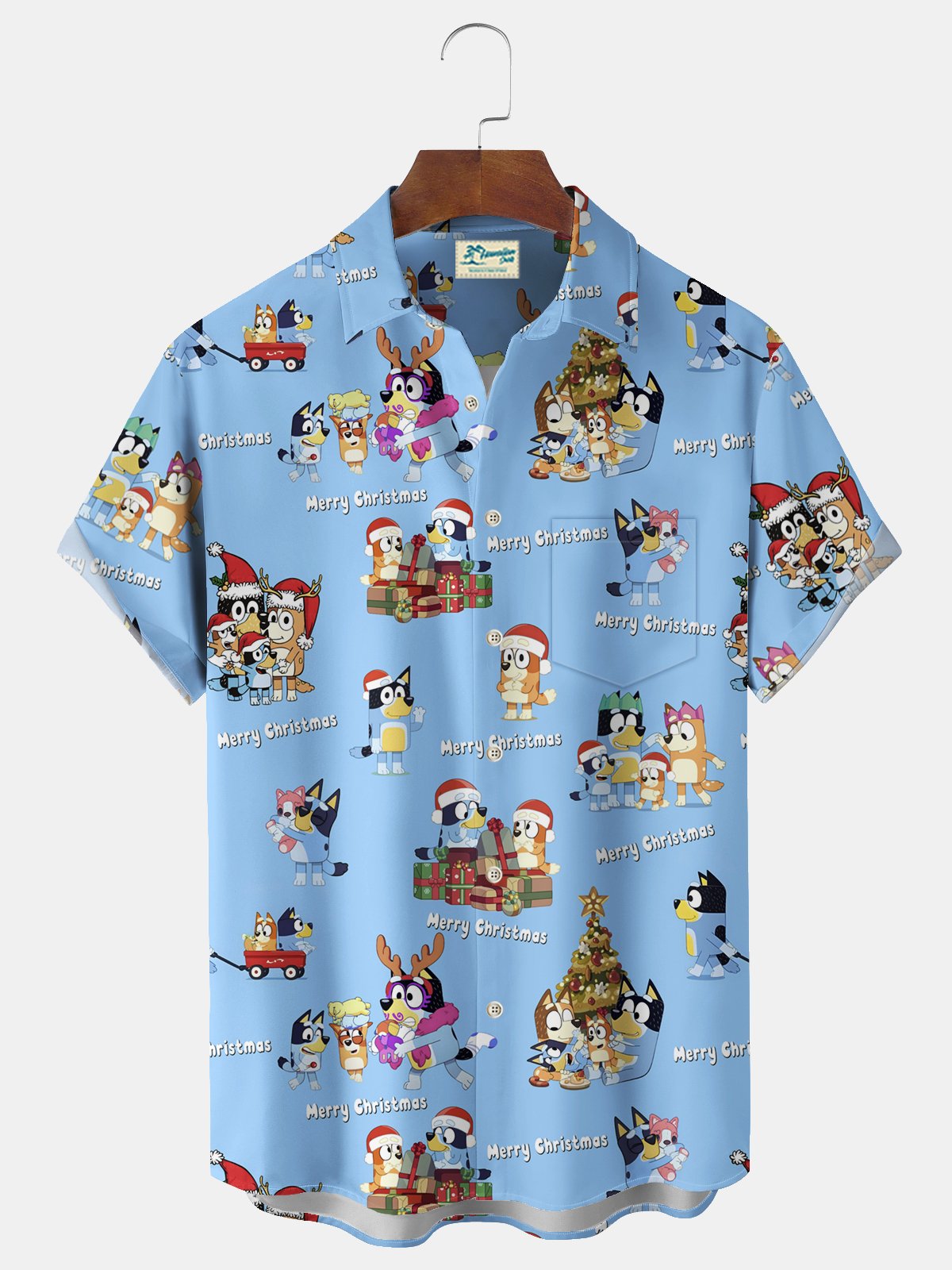 Royaura® Christmas Dog Cartoon Print Men's Chest Pocket Stretch Hawaiian Shirt Big Tall