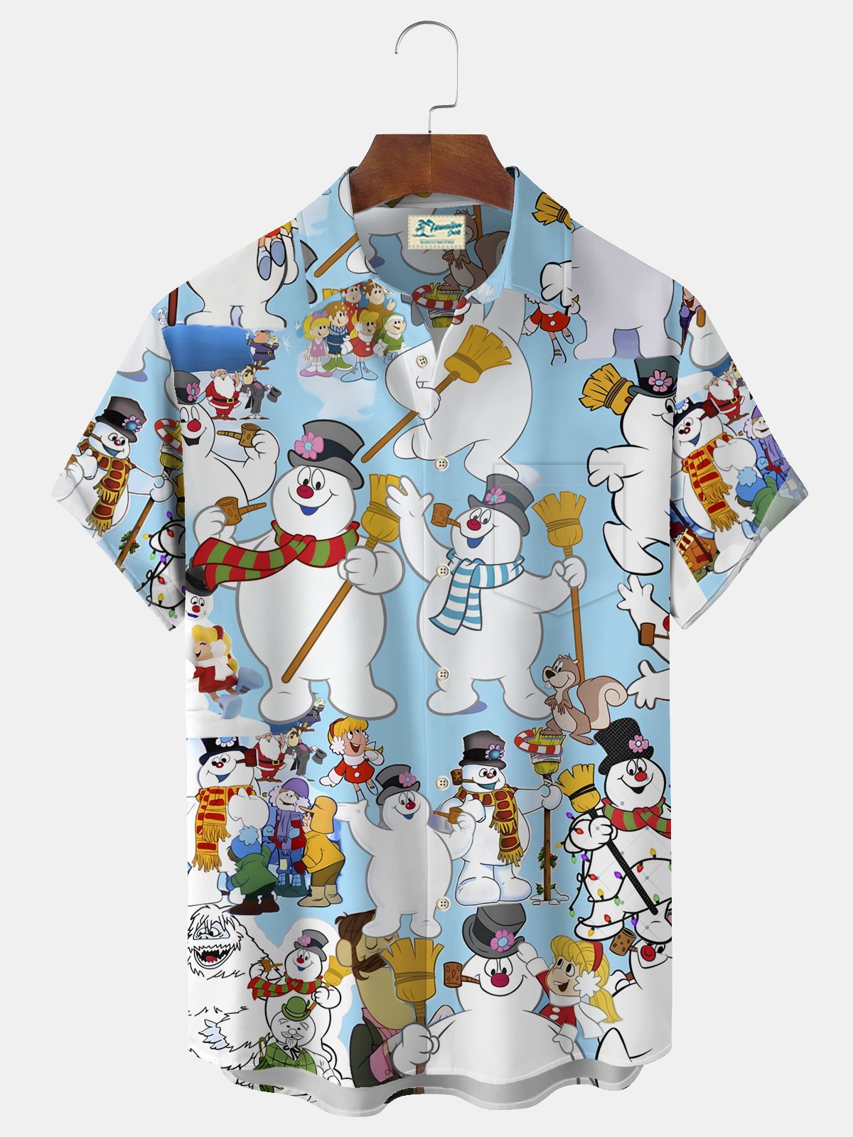 Royaura® Christmas Snowman Cartoon Print Men's Chest Pocket Stretch Hawaiian Shirt Big Tall