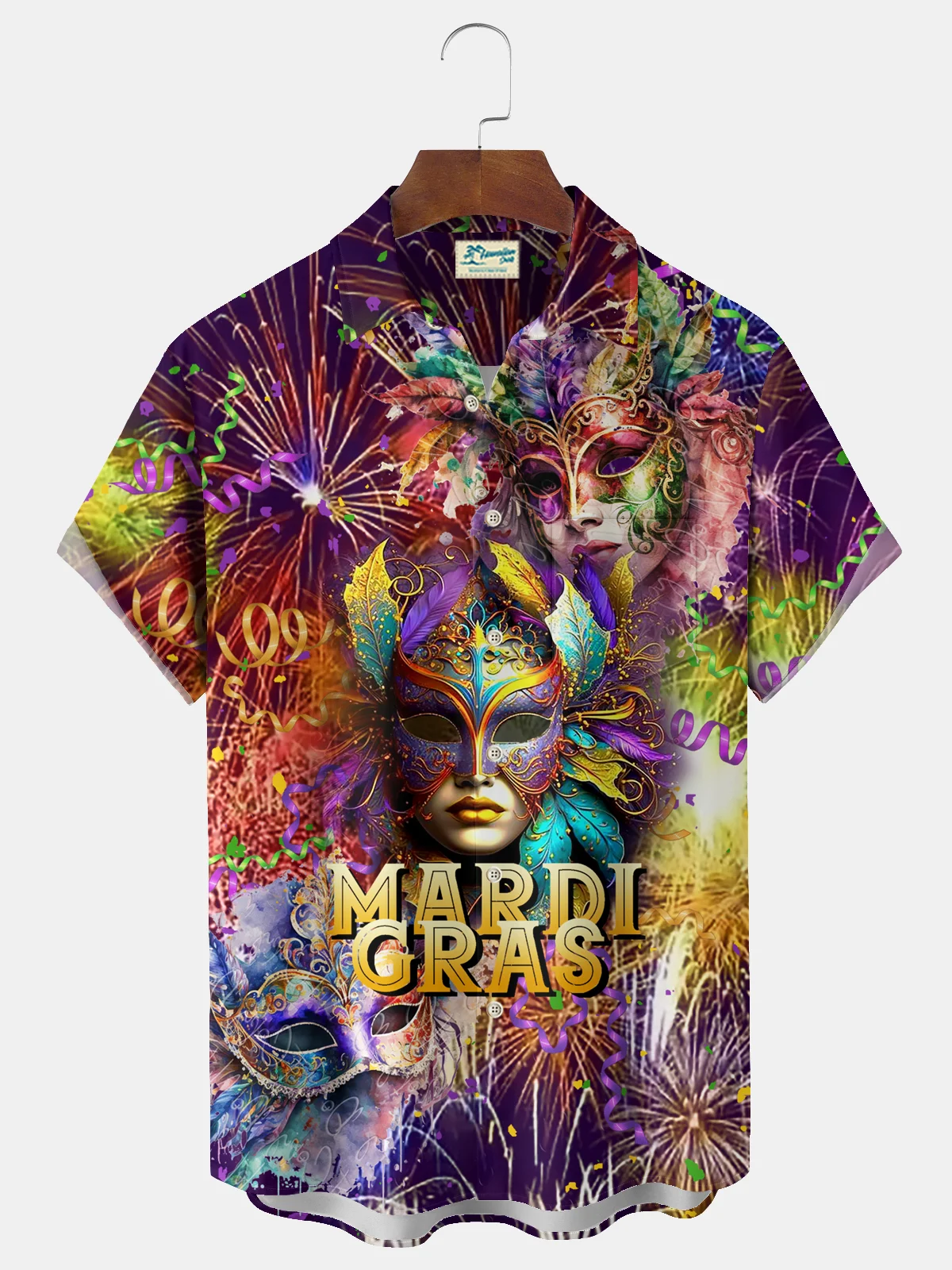 Royaura® Mardi Gras Mask Fireworks Print Men's Chest Pocket Stretch Hawaiian Shirt Big Tall