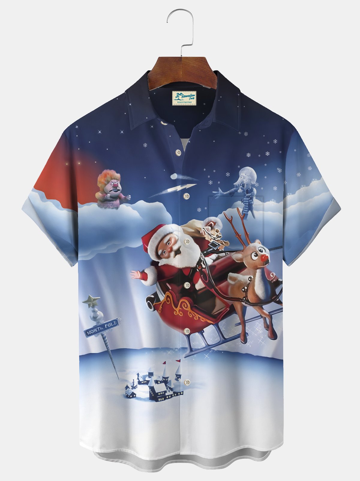 Royaura® Christmas Men's Santa Claus Cartoon Print Chest Pocket Stretch Hawaiian Shirt Big Tall