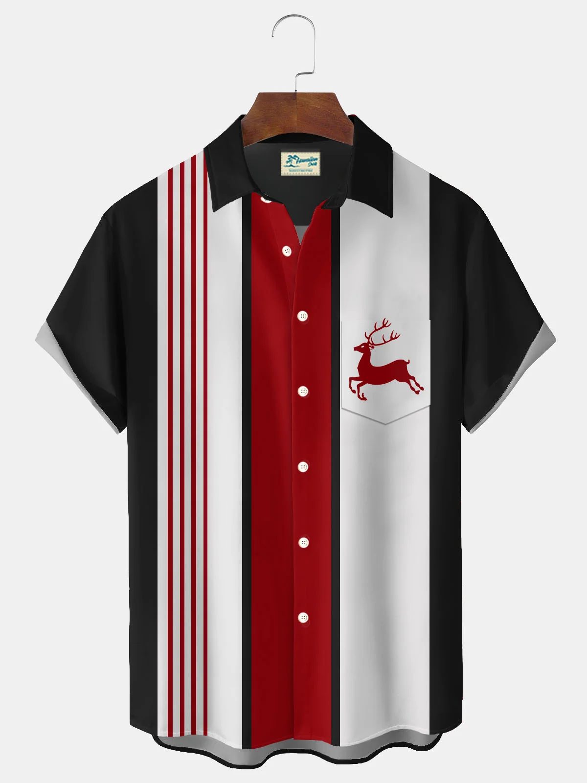 Royaura® Christmas Deer Bowling Stripe Print Men's Button Pocket Short Sleeve Shirt Big & Tall