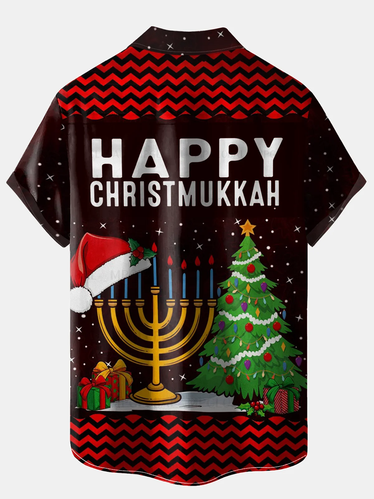 Royaura® Hanukkah Menorah 9 Candle Holder Christmas Hat Print Men's Holiday Chest Pocket Stretch Short Sleeve Shirt Big & Tall