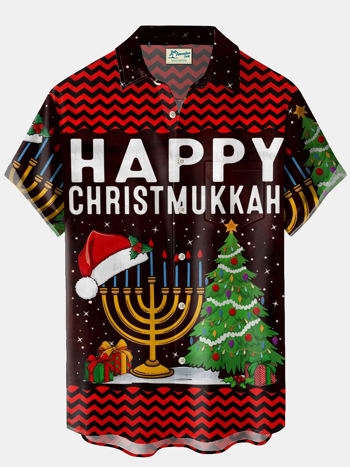 Royaura® Hanukkah Menorah 9 Candle Holder Christmas Hat Print Men's Holiday Chest Pocket Stretch Short Sleeve Shirt Big & Tall