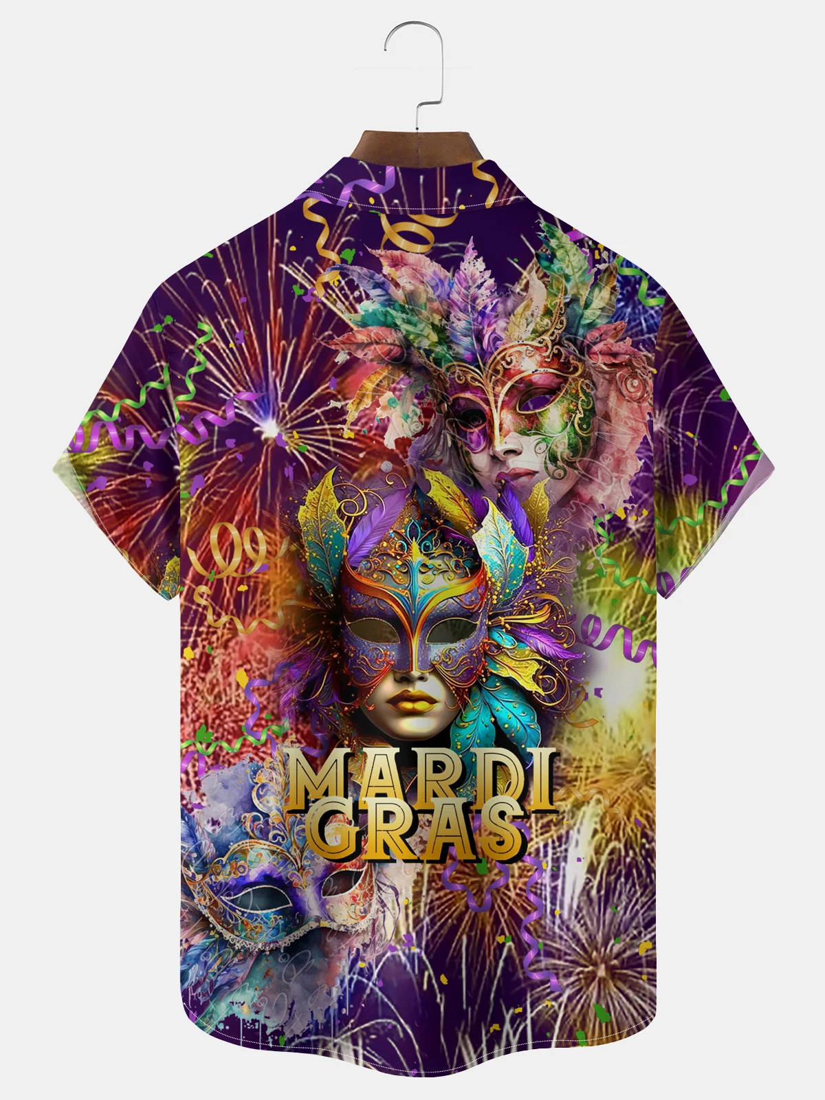 Royaura® Mardi Gras Mask Fireworks Print Men's Chest Pocket Stretch Hawaiian Shirt Big Tall