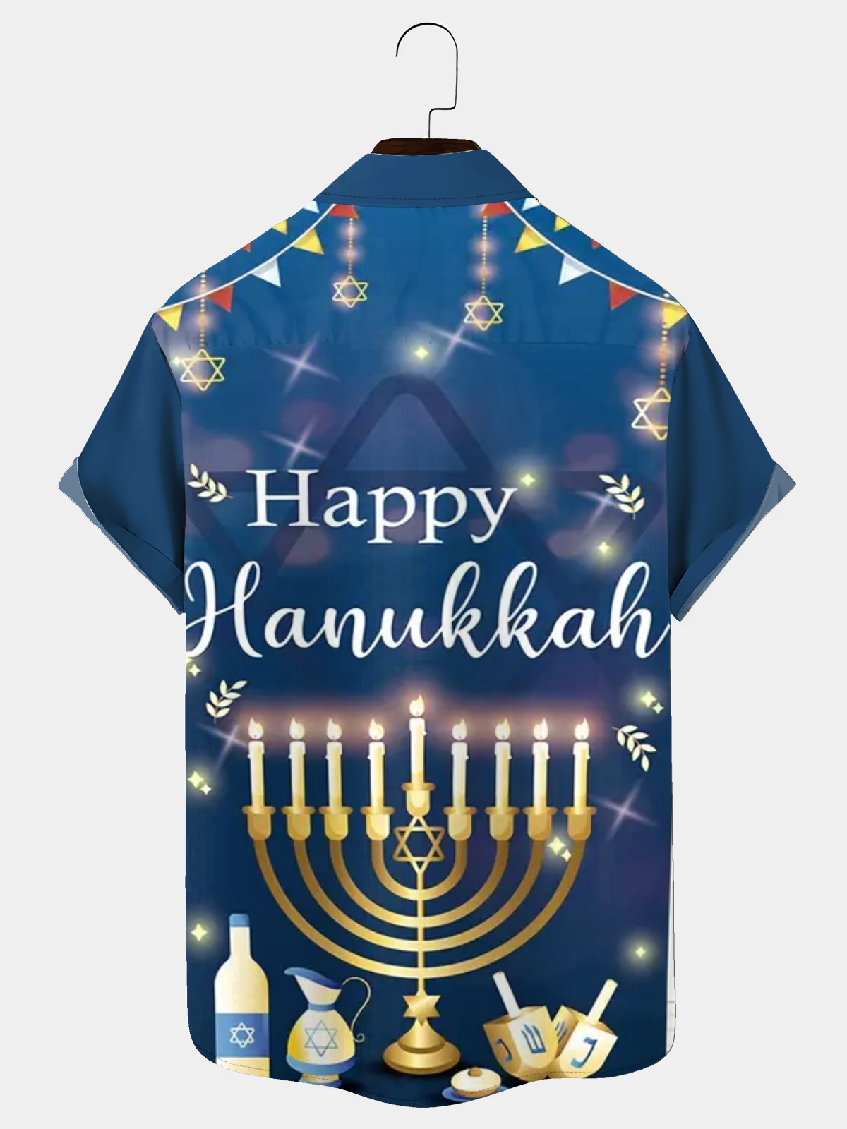 Royaura® Hanukkah Menorah 9 Candle Holder Print Men's Holiday Chest Pocket Stretch Short Sleeve Shirt Big & Tall