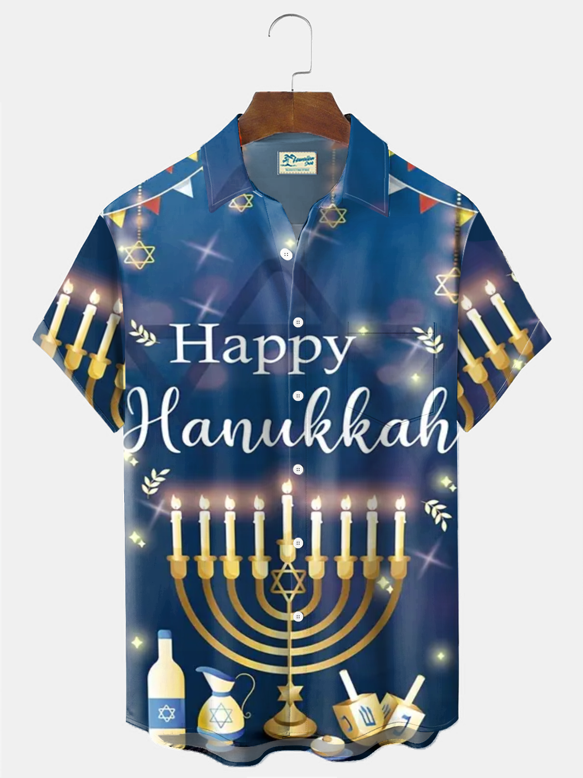 Royaura® Hanukkah Menorah 9 Candle Holder Print Men's Holiday Chest Pocket Stretch Short Sleeve Shirt Big & Tall