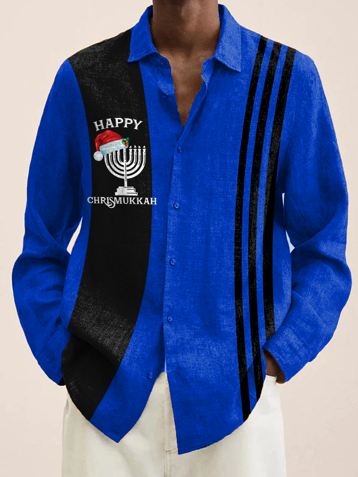 Royaura® Hanukkah Menorah 9 Candle Holder Print Men's Holiday Bowling Chest Pocket Stretch Long Sleeve Shirt Big & Tall