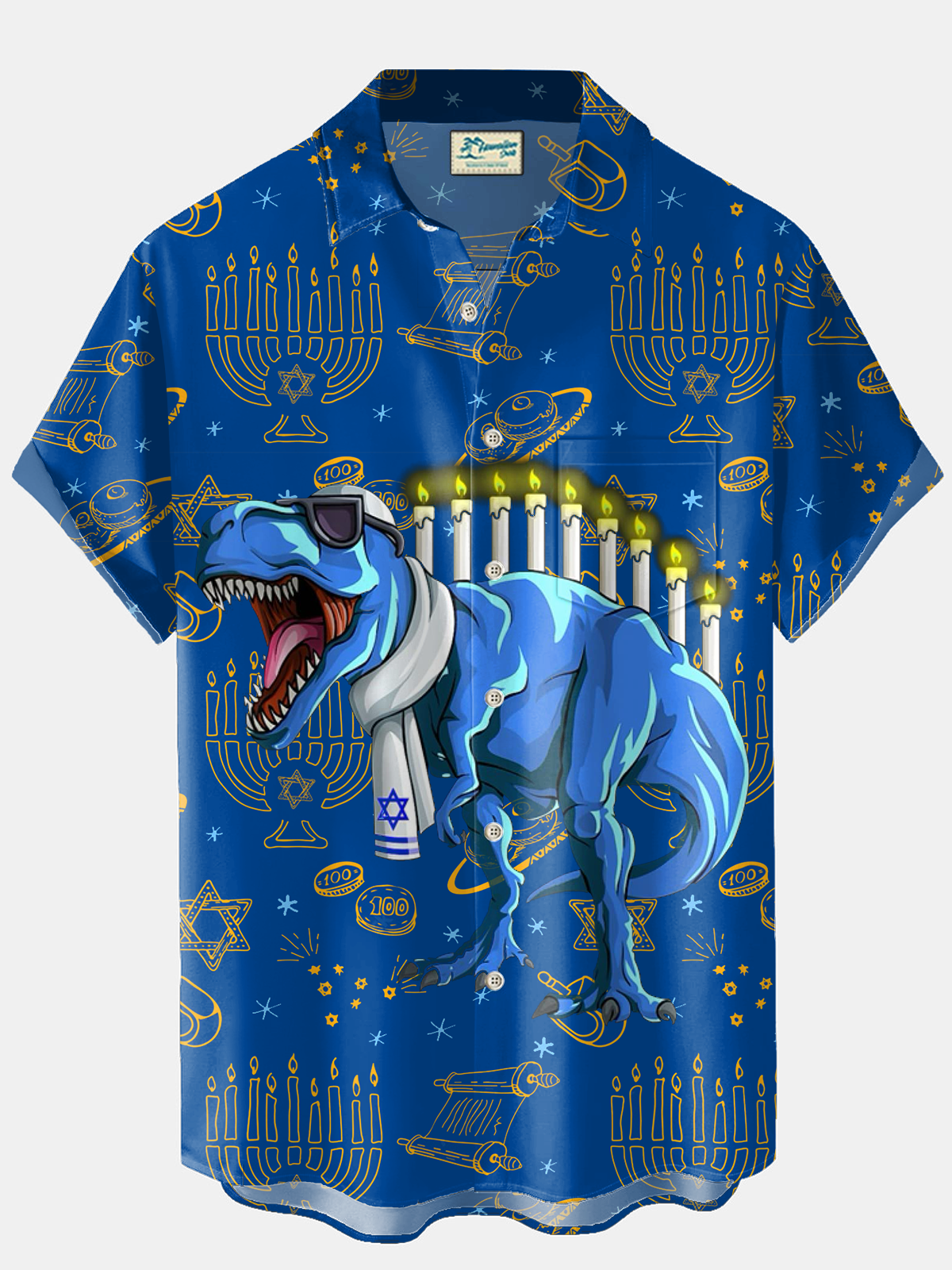 Royaura® Hanukkah Menorah 9 Candle Holder Dinosaur Print Men's Holiday Chest Pocket Stretch Short Sleeve Shirt Big & Tall