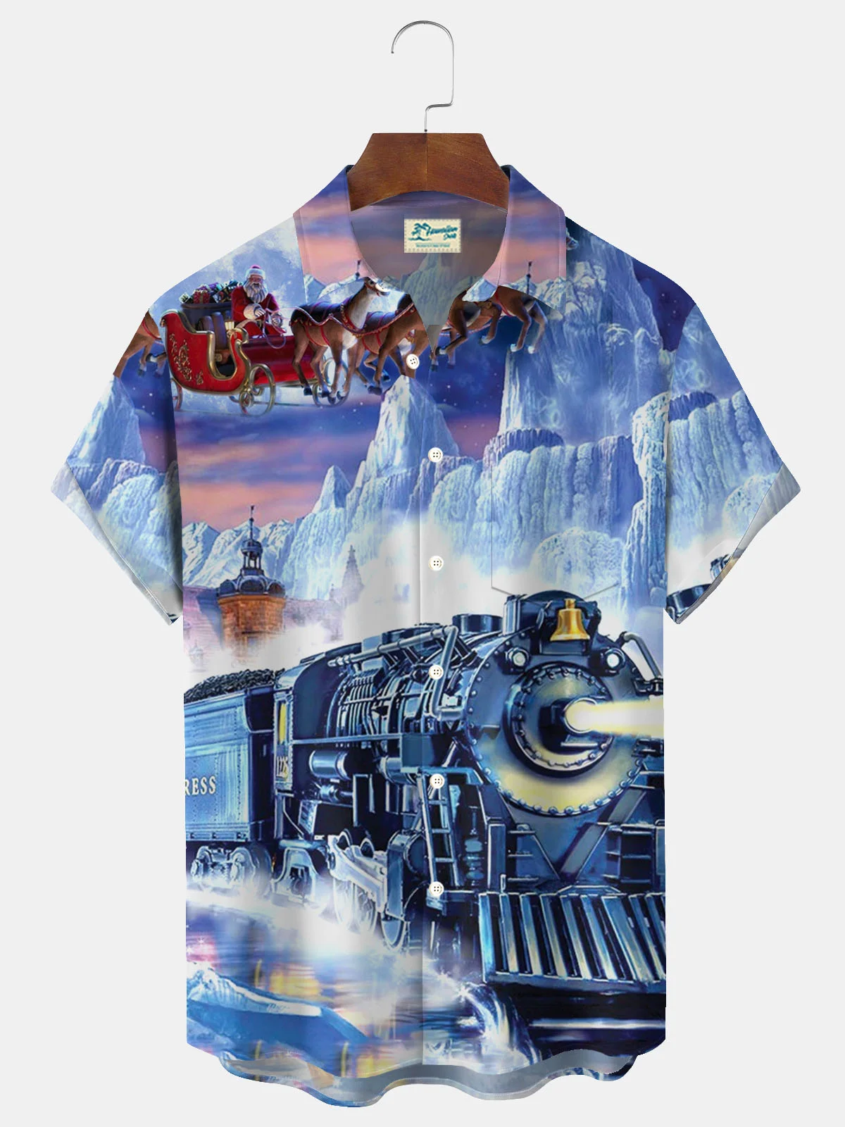 Royaura® Christmas Art Train Print Men's Button Pocket Short Sleeve Shirt Big & Tall