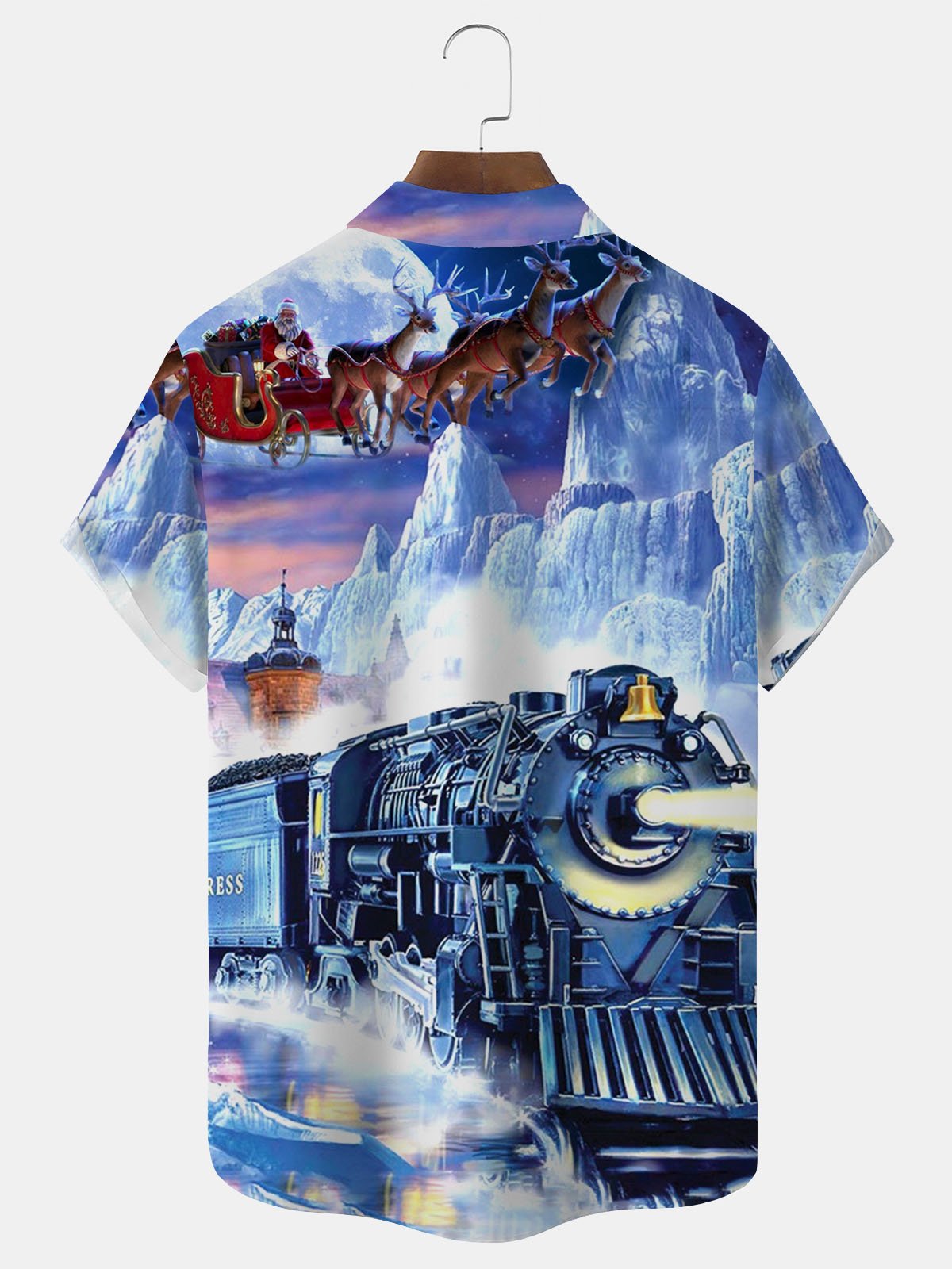 Royaura® Christmas Art Train Print Men's Button Pocket Short Sleeve Shirt Big & Tall