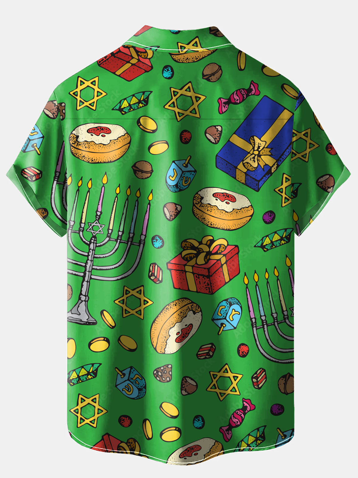 Royaura® Hanukkah Menorah 9 Candle Holder Print Men's Holiday Chest Pocket Stretch Short Sleeve Shirt Big & Tall