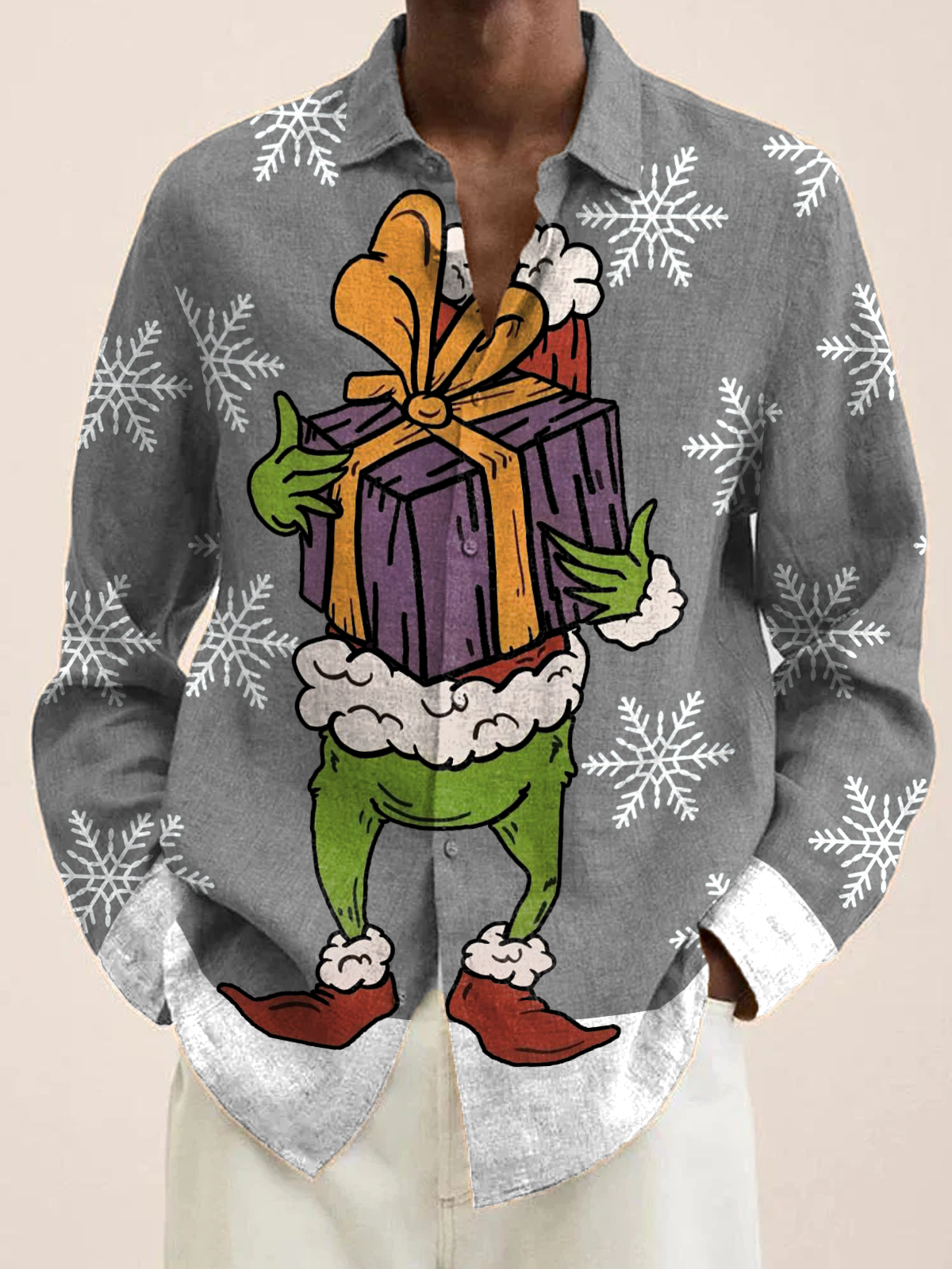 Royaura® Christmas Gifts Cartoon Print Men's Holiday Chest Pocket Stretch Long Sleeve Shirt Big & Tall