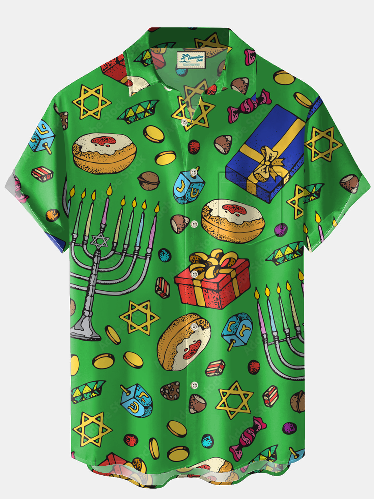 Royaura® Hanukkah Menorah 9 Candle Holder Print Men's Holiday Chest Pocket Stretch Short Sleeve Shirt Big & Tall