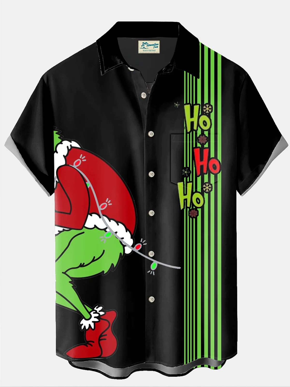 Royaura® Christmas Cartoon Print  HO HO HO Men's Holiday Bowling Chest Pocket Stretch Short Sleeve Shirt Big & Tall