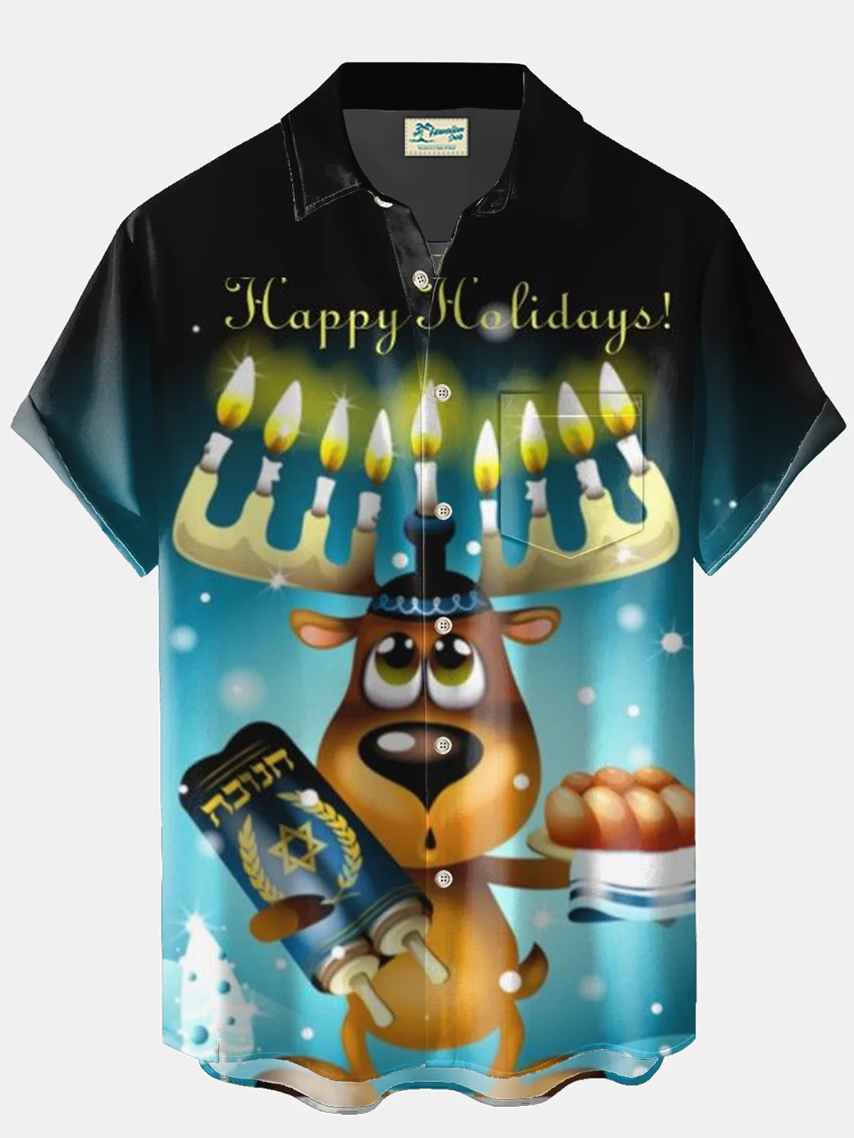 Royaura® Hanukkah Menorah 9 Candle Holder Elk Print Men's Holiday Chest Pocket Stretch Short Sleeve Shirt Big & Tall