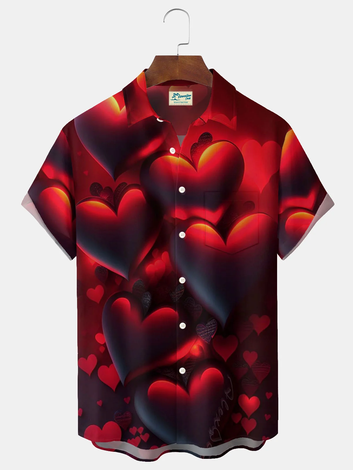 Royaura® Valentine's Day Gradient Heart Print Men's Button Pocket Short Sleeve Shirt Big & Tall