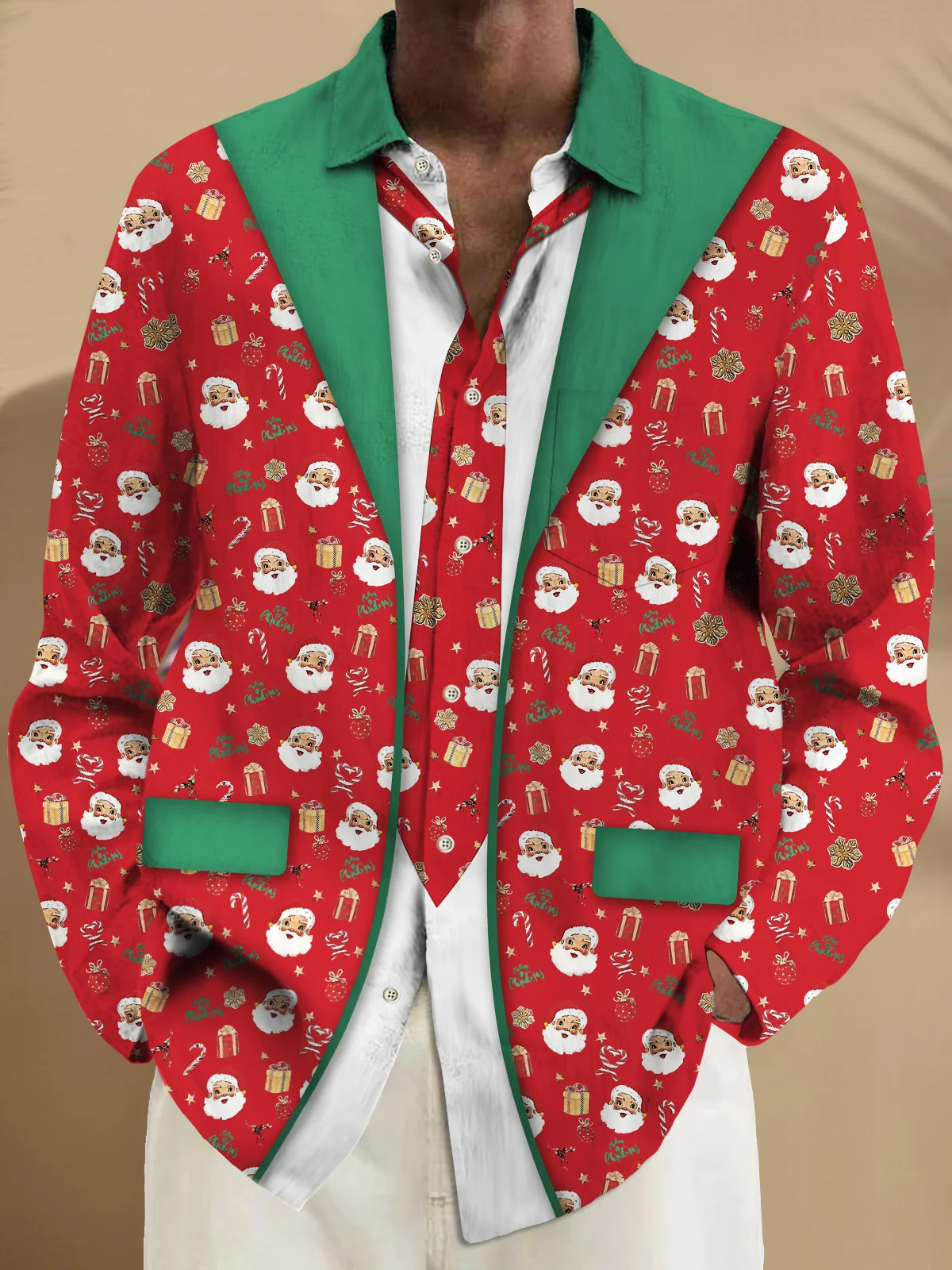 Royaura® Christmas Fake Two Santa Print Men's Button Pocket Long Sleeve Shirt Big Tall